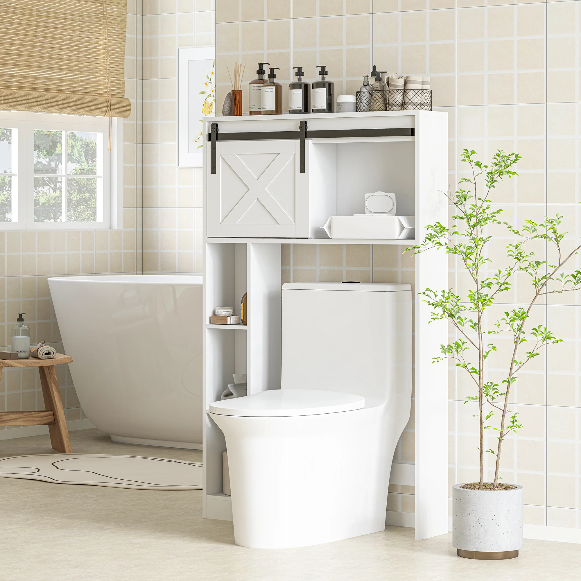 Meuble WC dessus de toilette meuble toilettes WC rangement armoire de rangement de salle de bain avec porte coulissante, compartiments et étagère réglable, blanc - Image 3
