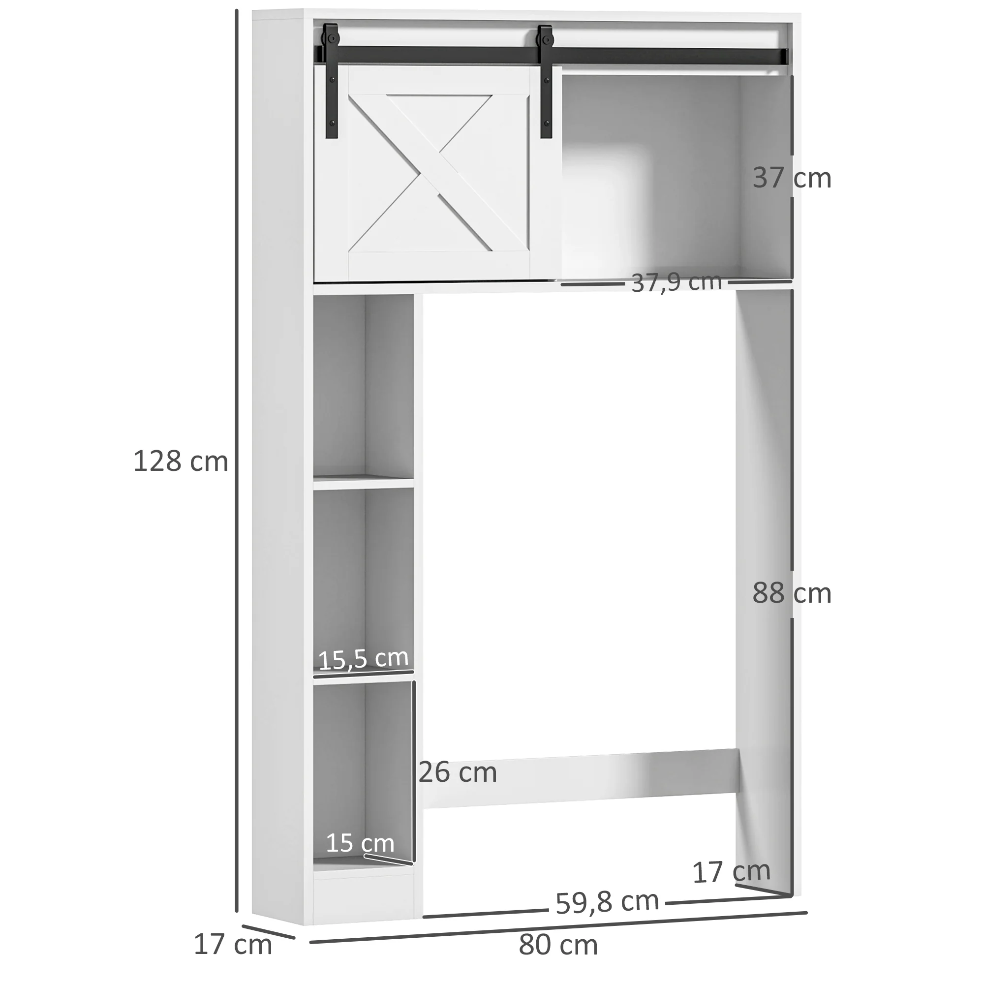 Meuble WC dessus de toilette meuble toilettes WC rangement armoire de rangement de salle de bain avec porte coulissante, compartiments et étagère réglable, blanc - Image 4