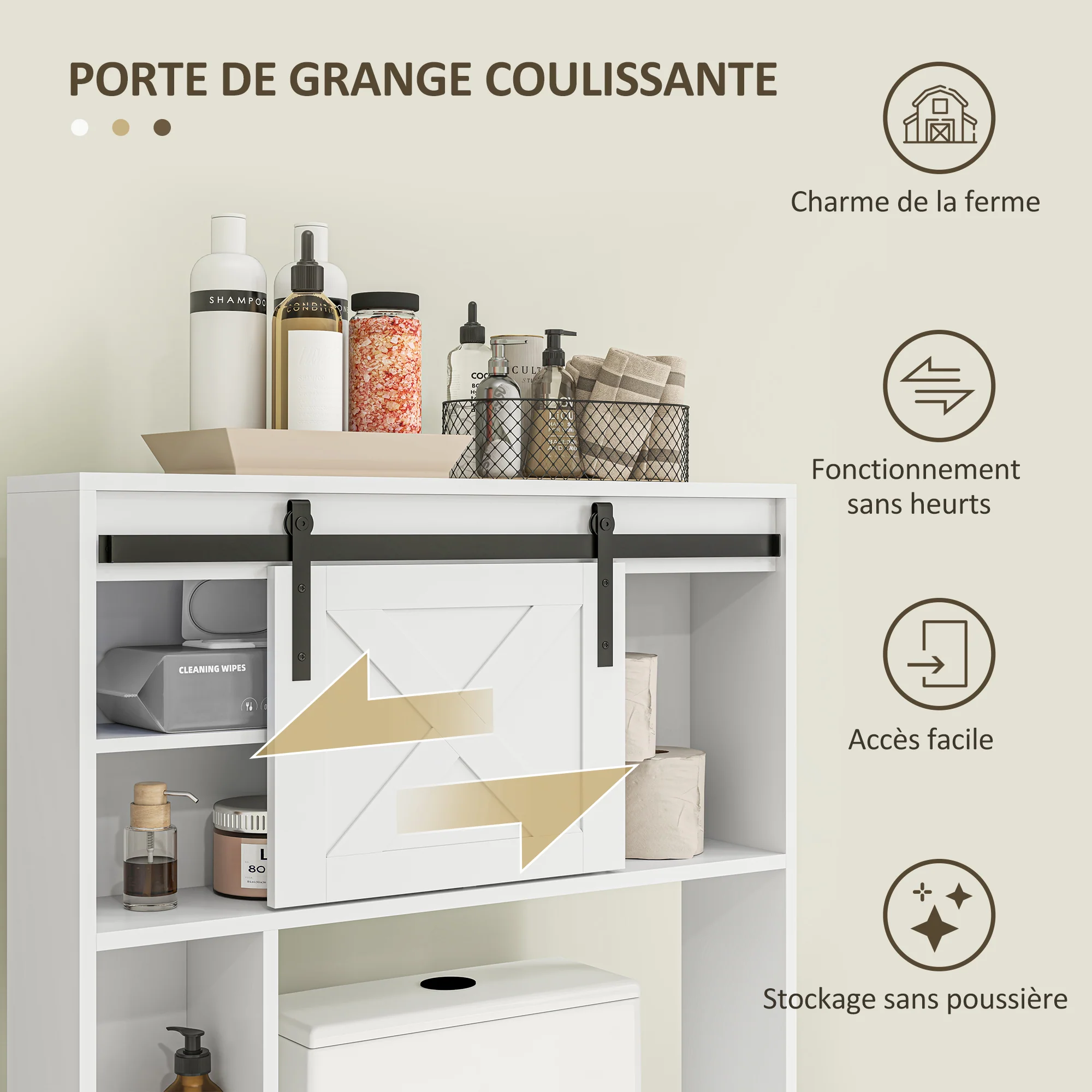 Meuble WC dessus de toilette meuble toilettes WC rangement armoire de rangement de salle de bain avec porte coulissante, compartiments et étagère réglable, blanc - Image 5