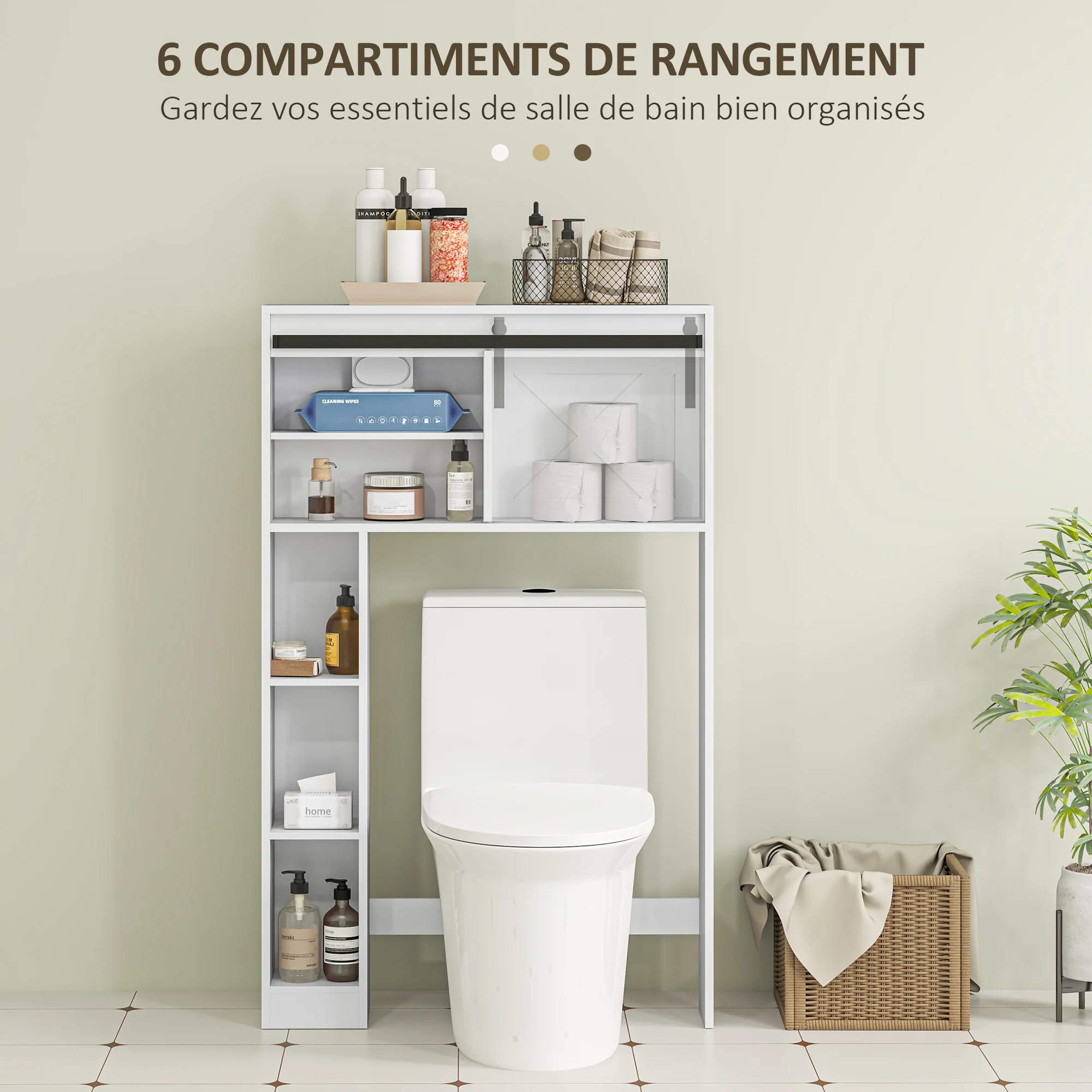 Meuble WC dessus de toilette meuble toilettes WC rangement armoire de rangement de salle de bain avec porte coulissante, compartiments et étagère réglable, blanc - Image 6