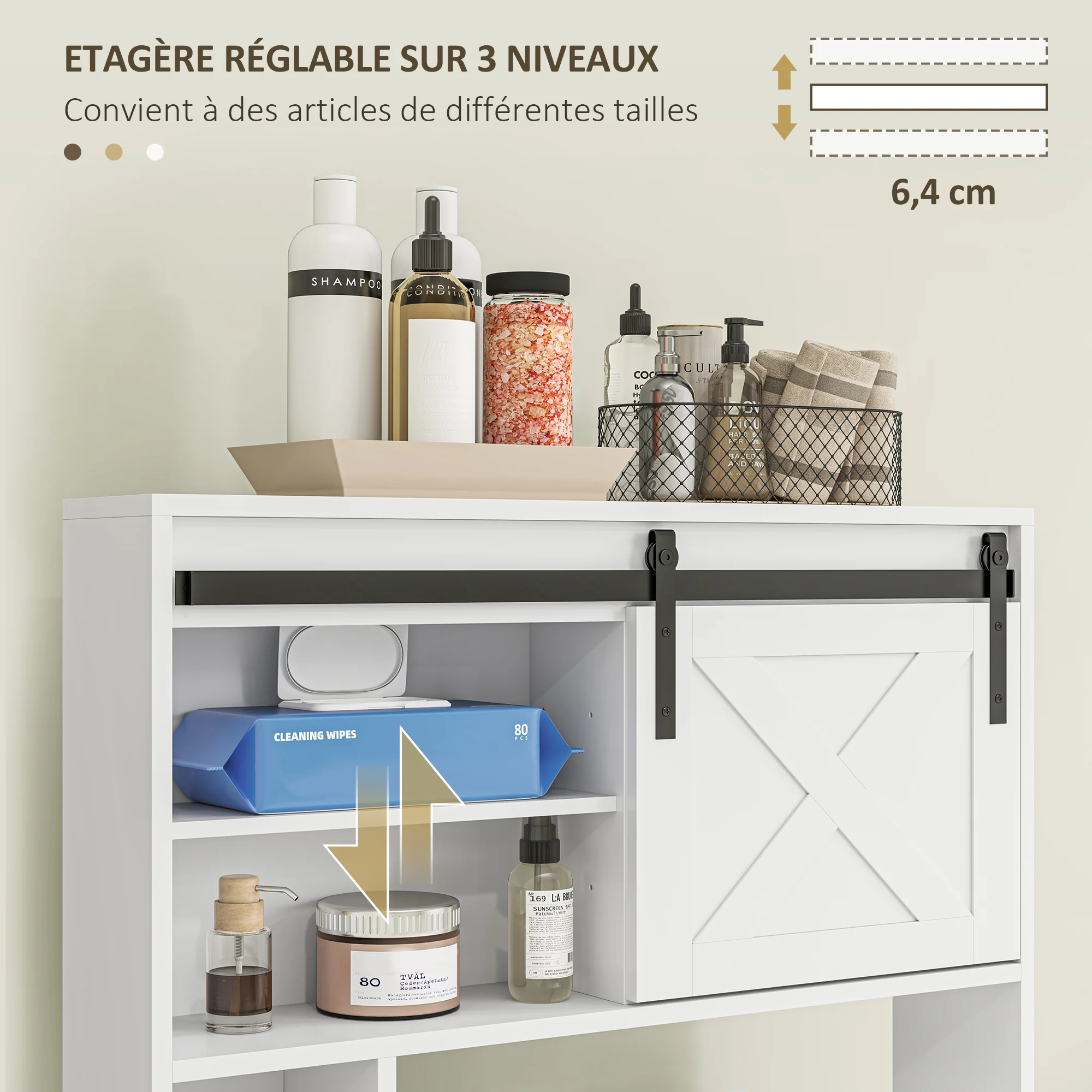 Meuble WC dessus de toilette meuble toilettes WC rangement armoire de rangement de salle de bain avec porte coulissante, compartiments et étagère réglable, blanc - Image 7