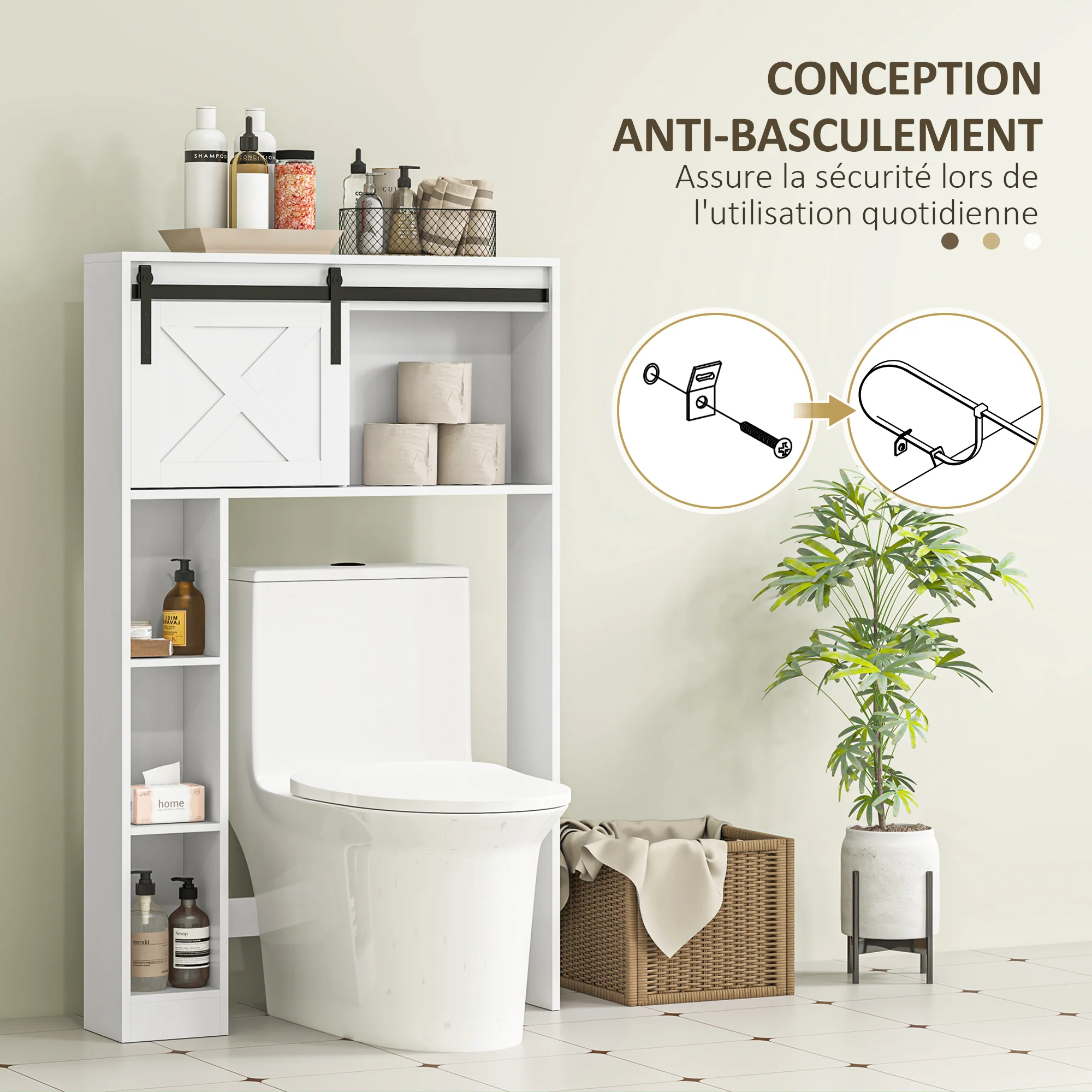 Meuble WC dessus de toilette meuble toilettes WC rangement armoire de rangement de salle de bain avec porte coulissante, compartiments et étagère réglable, blanc - Image 8