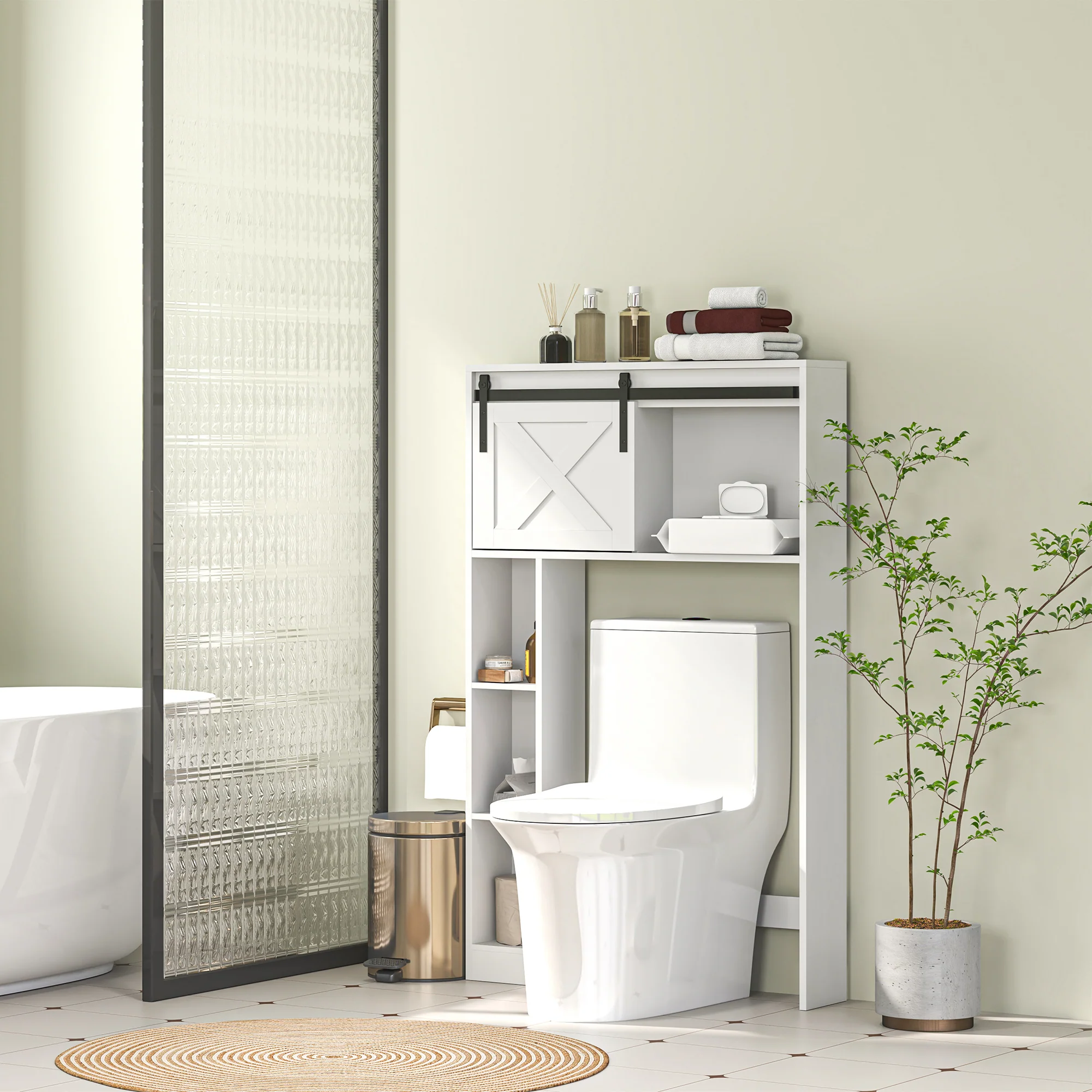 Meuble WC dessus de toilette meuble toilettes WC rangement armoire de rangement de salle de bain avec porte coulissante, compartiments et étagère réglable, blanc - Image 9
