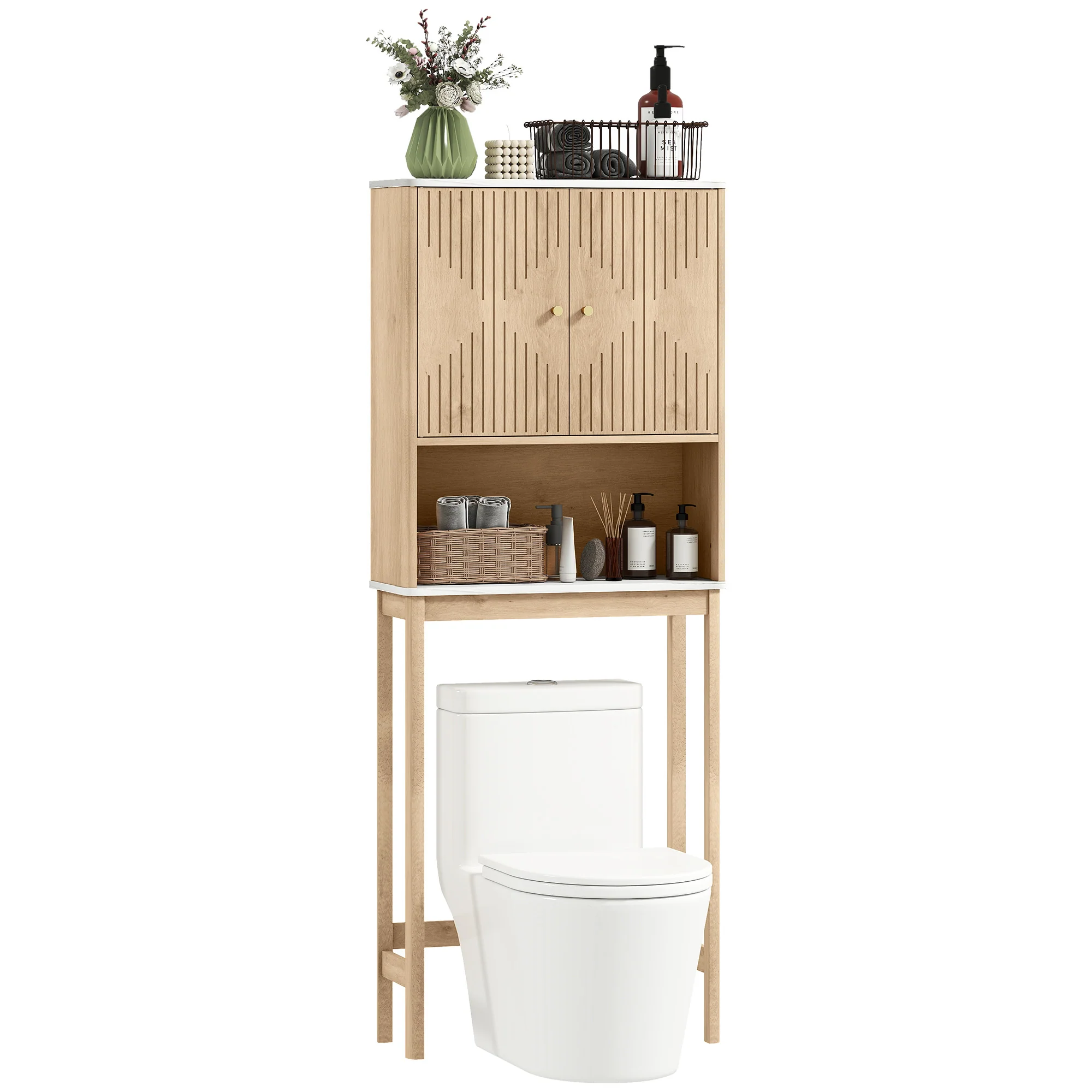 Meuble WC dessus de toilette meuble toilettes WC rangement avec placard à double porte, étagère réglable et étagère ouverte et barre inférieure réglable, 66 x 25 x 168 cm, chêne - Image 11