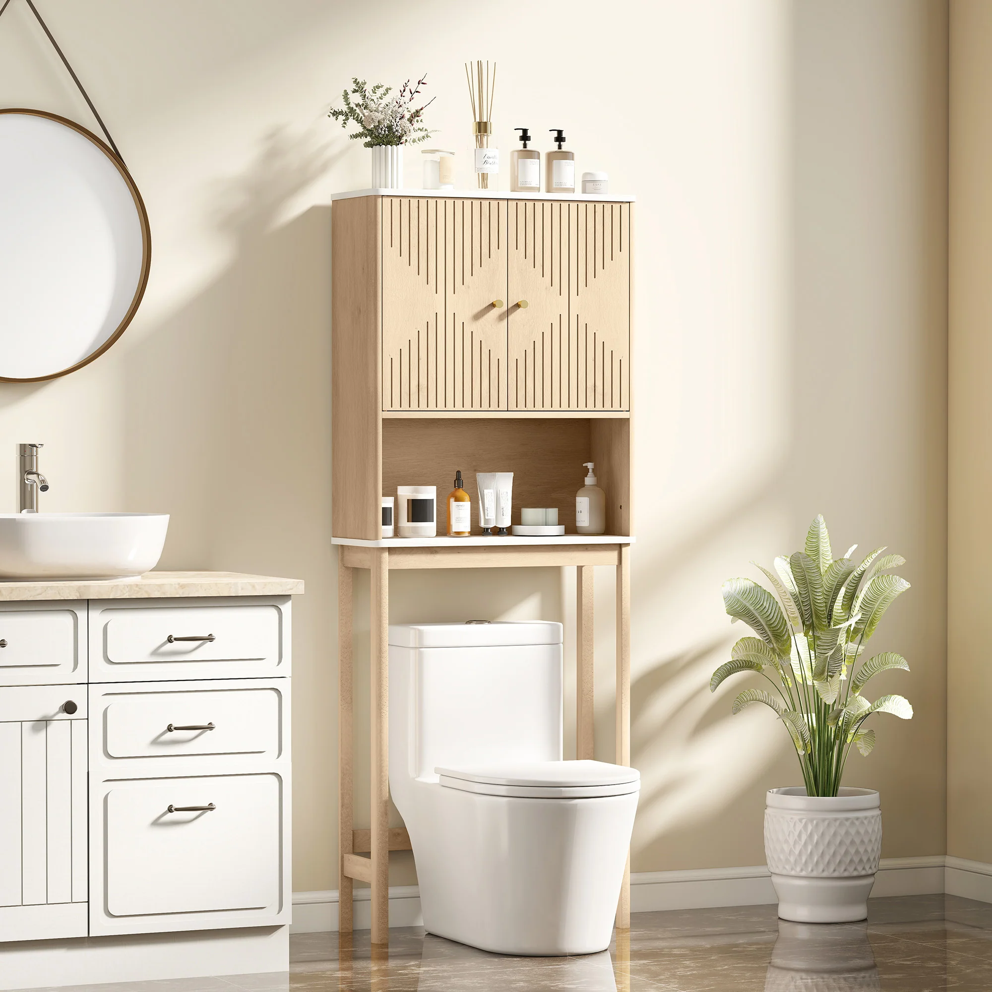 Meuble WC dessus de toilette meuble toilettes WC rangement avec placard à double porte, étagère réglable et étagère ouverte et barre inférieure réglable, 66 x 25 x 168 cm, chêne - Image 3