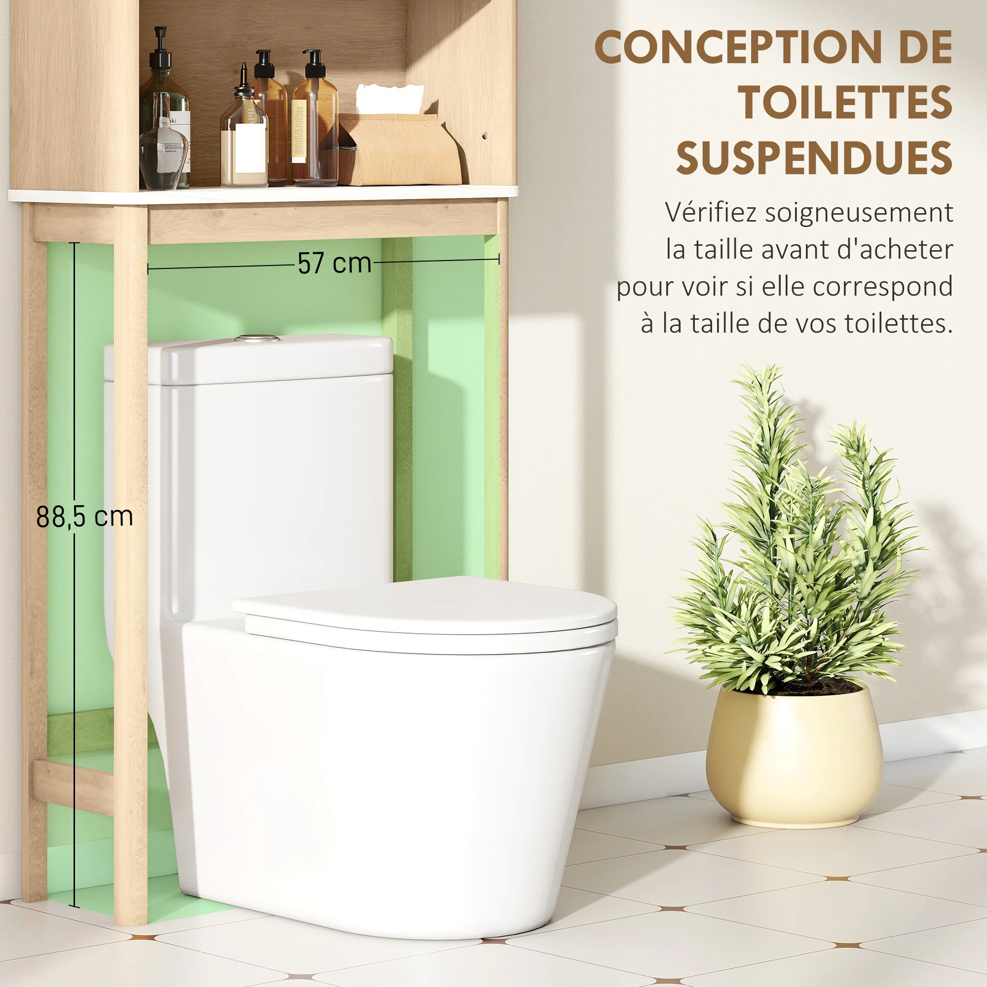 Meuble WC dessus de toilette meuble toilettes WC rangement avec placard à double porte, étagère réglable et étagère ouverte et barre inférieure réglable, 66 x 25 x 168 cm, chêne - Image 5