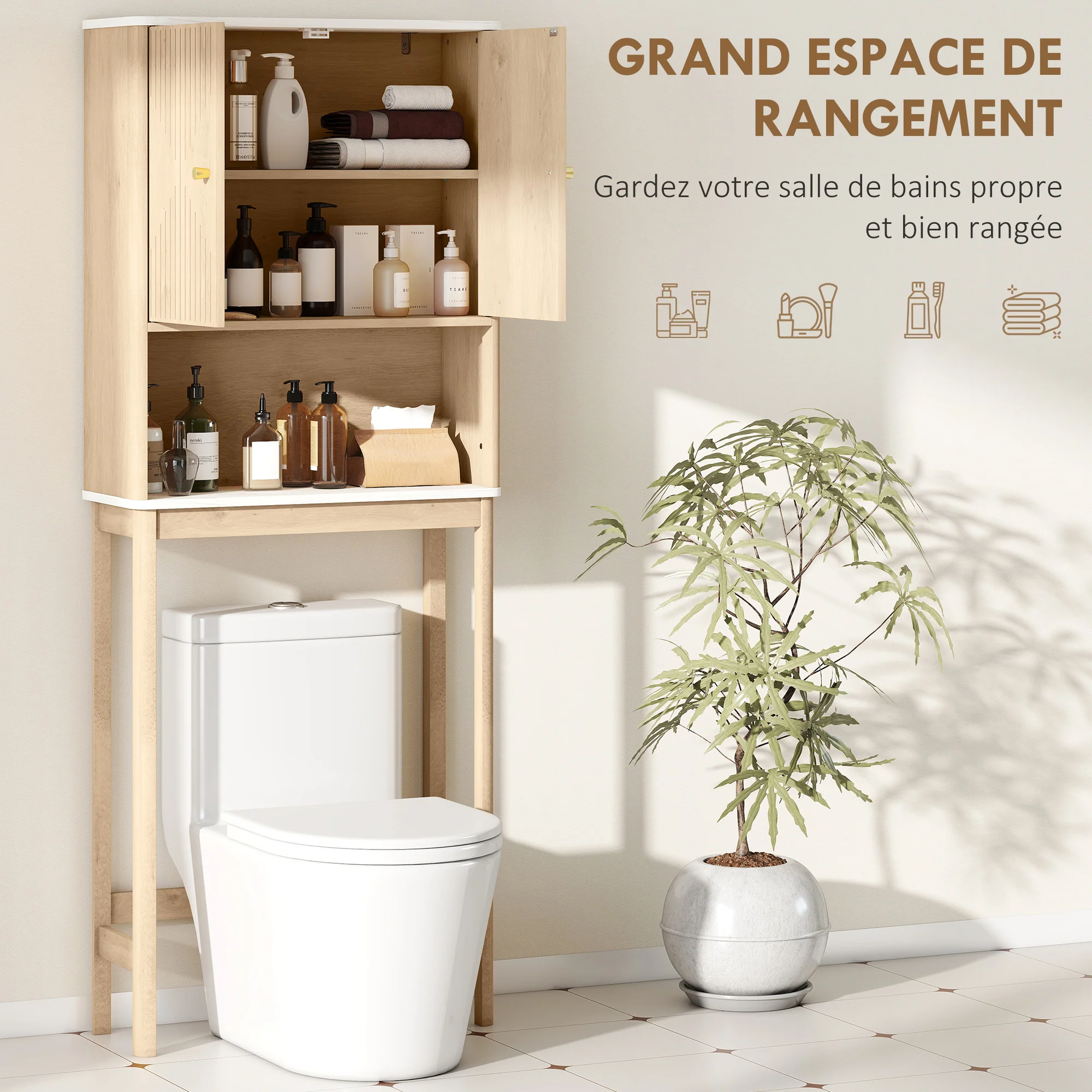 Meuble WC dessus de toilette meuble toilettes WC rangement avec placard à double porte, étagère réglable et étagère ouverte et barre inférieure réglable, 66 x 25 x 168 cm, chêne - Image 6