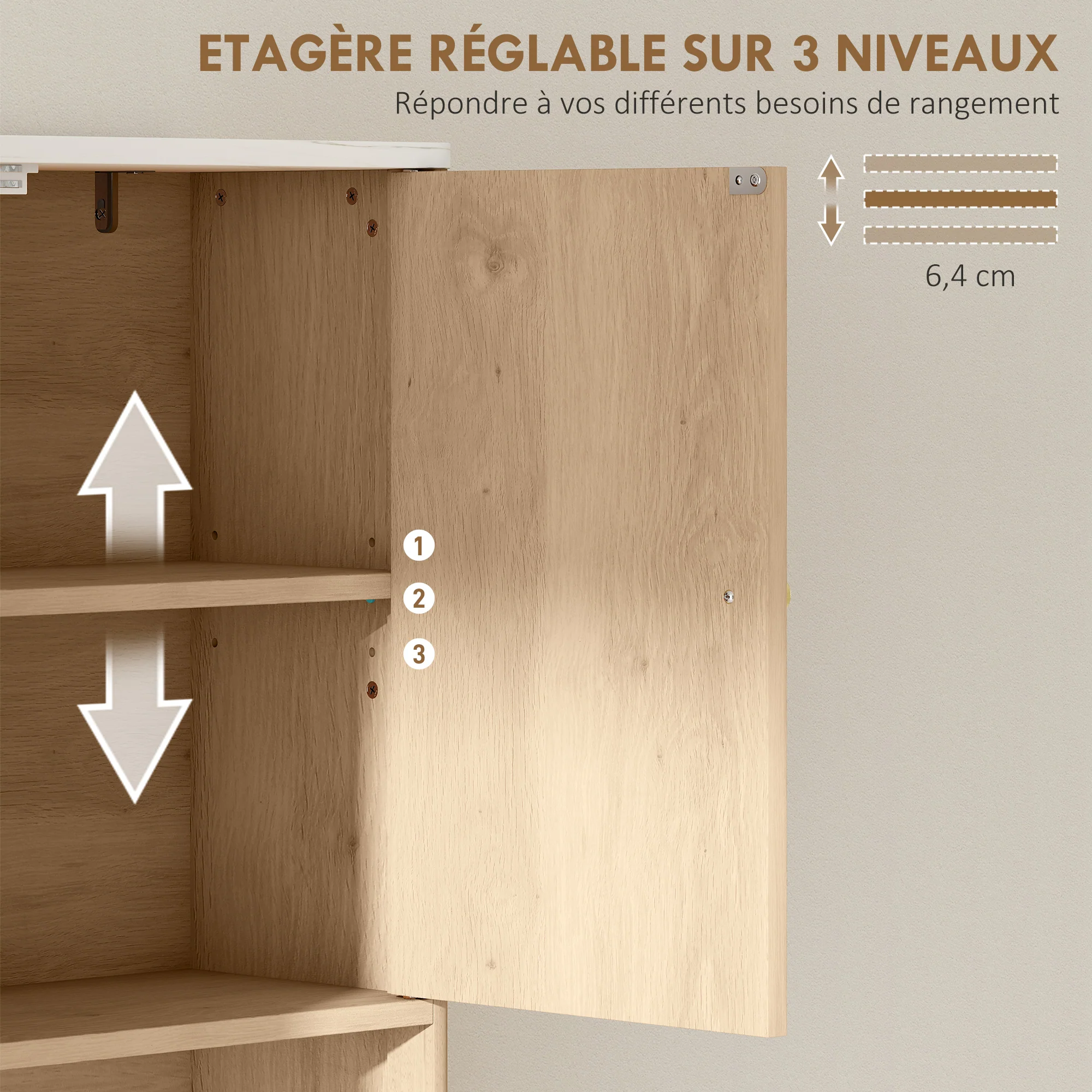 Meuble WC dessus de toilette meuble toilettes WC rangement avec placard à double porte, étagère réglable et étagère ouverte et barre inférieure réglable, 66 x 25 x 168 cm, chêne - Image 7