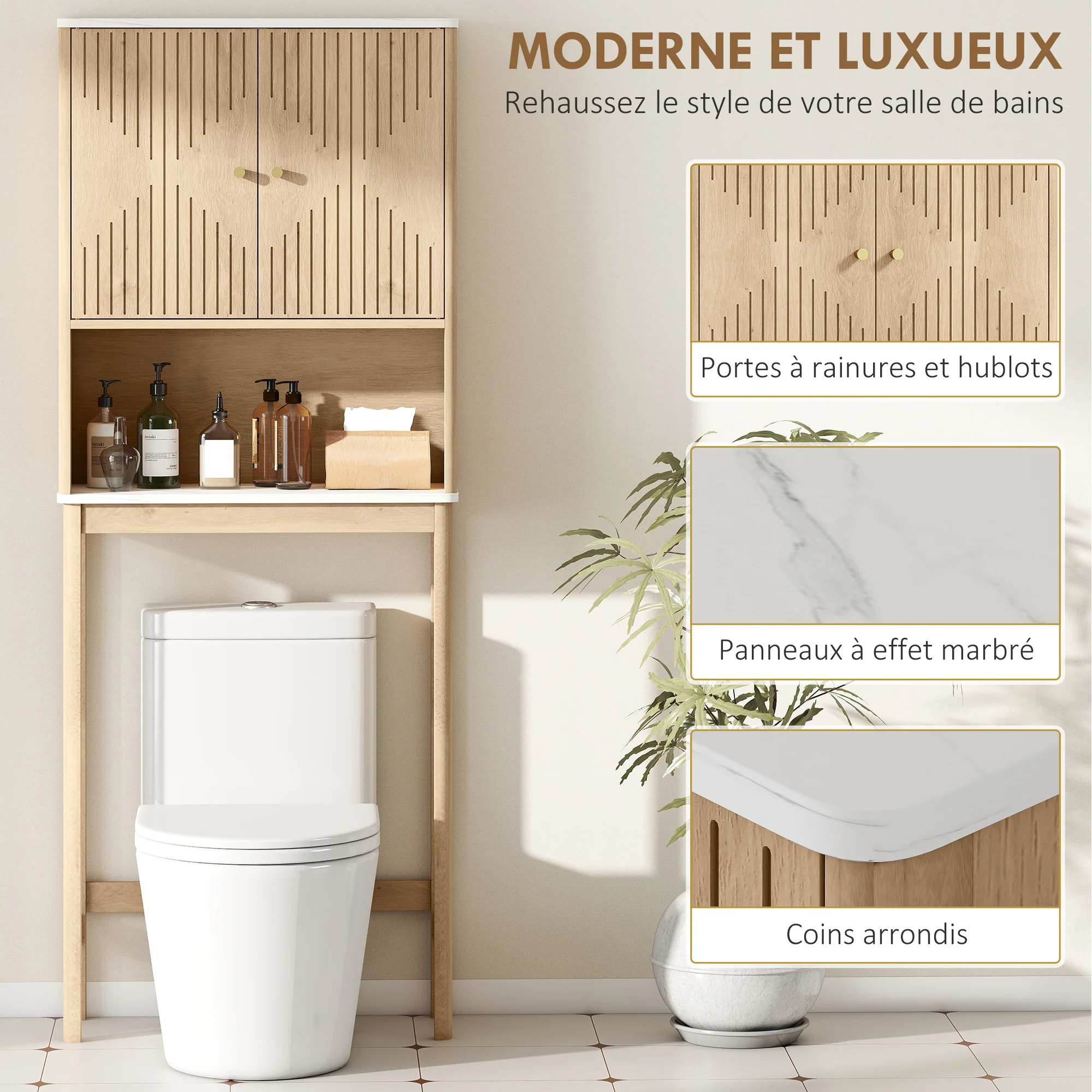 Meuble WC dessus de toilette meuble toilettes WC rangement avec placard à double porte, étagère réglable et étagère ouverte et barre inférieure réglable, 66 x 25 x 168 cm, chêne - Image 8