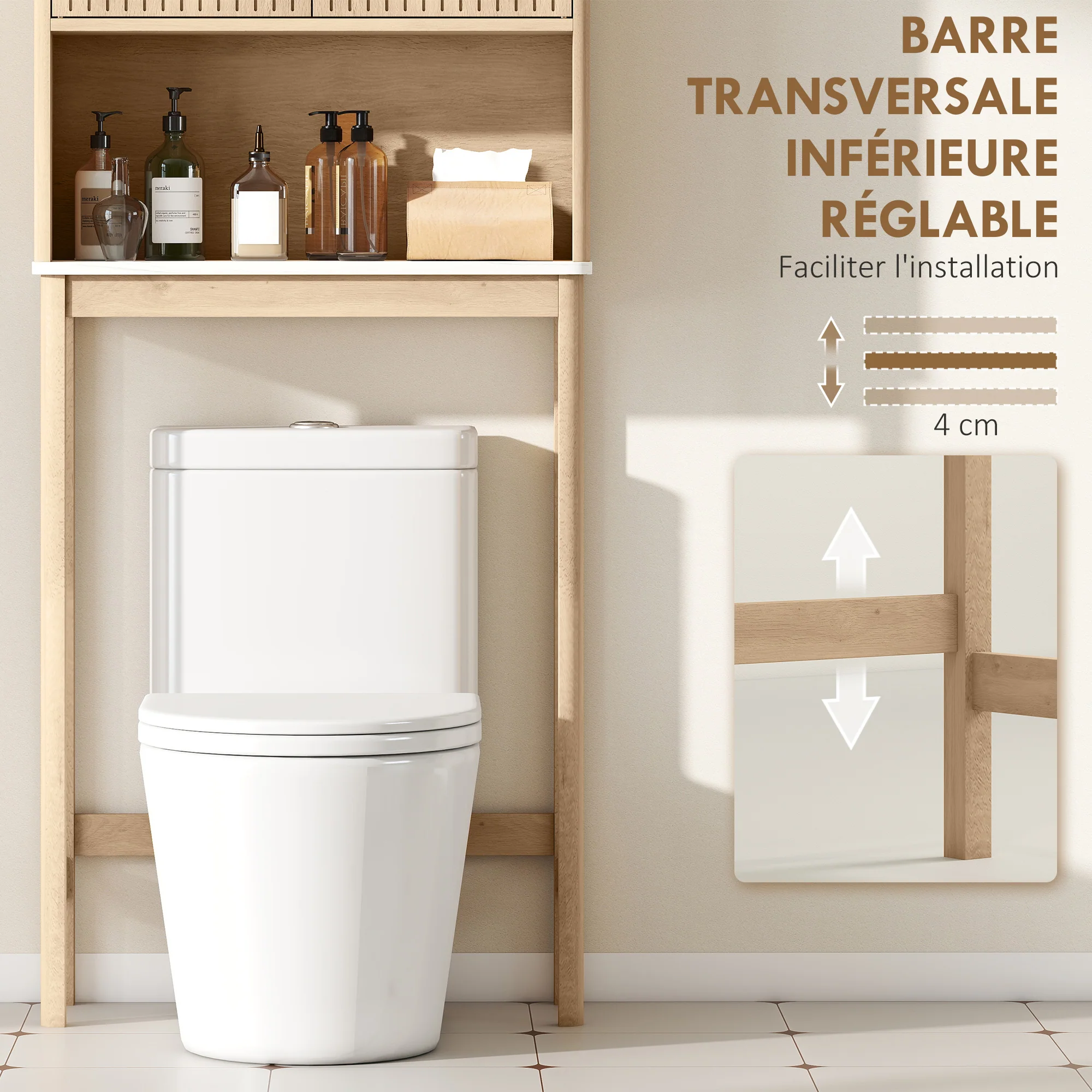Meuble WC dessus de toilette meuble toilettes WC rangement avec placard à double porte, étagère réglable et étagère ouverte et barre inférieure réglable, 66 x 25 x 168 cm, chêne - Image 9