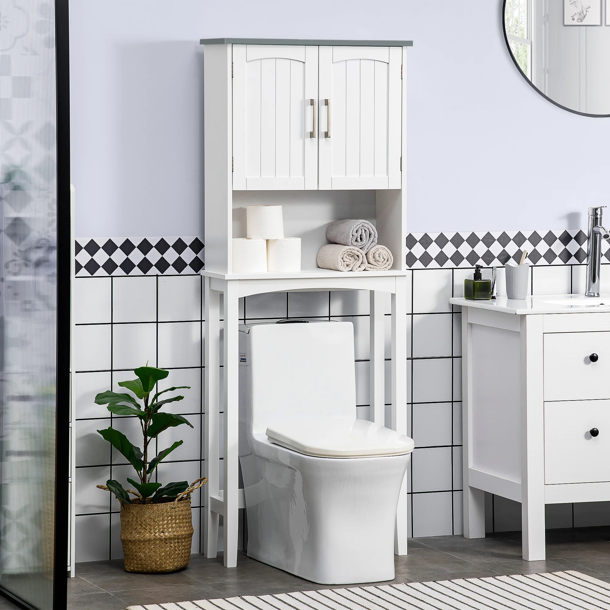 Meuble WC dessus de toilette meuble toilettes WC rangement meuble salle de bain avec placard à double porte, étagère réglable et compartiments ouverts, 64 x 22 x 165 cm, blanc - Image 3