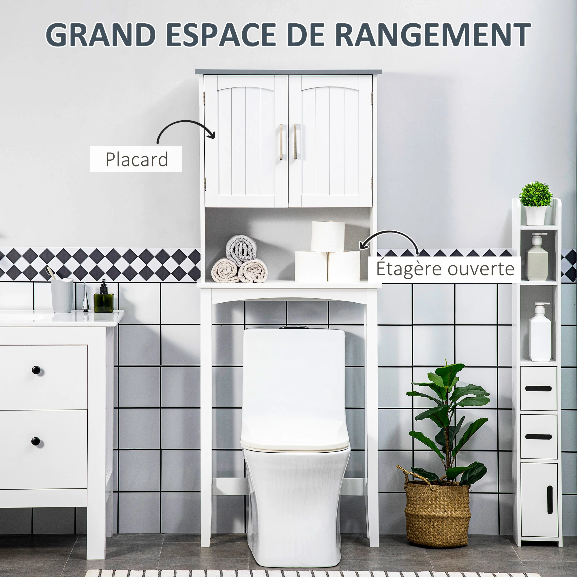 Meuble WC dessus de toilette meuble toilettes WC rangement meuble salle de bain avec placard à double porte, étagère réglable et compartiments ouverts, 64 x 22 x 165 cm, blanc - Image 5