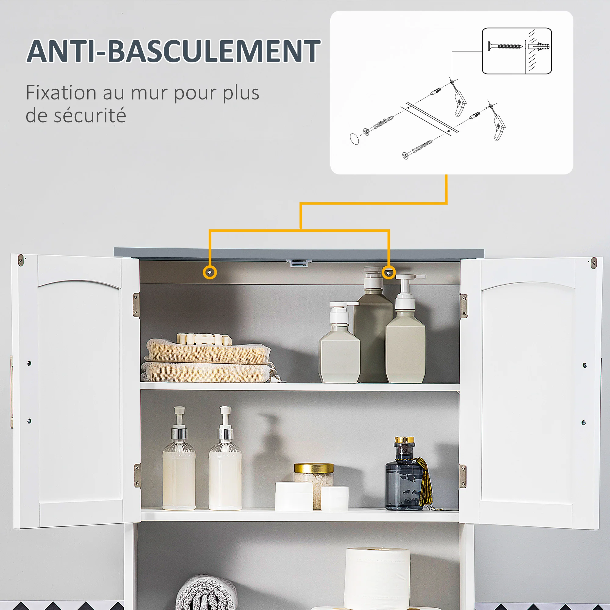 Meuble WC dessus de toilette meuble toilettes WC rangement meuble salle de bain avec placard à double porte, étagère réglable et compartiments ouverts, 64 x 22 x 165 cm, blanc - Image 6