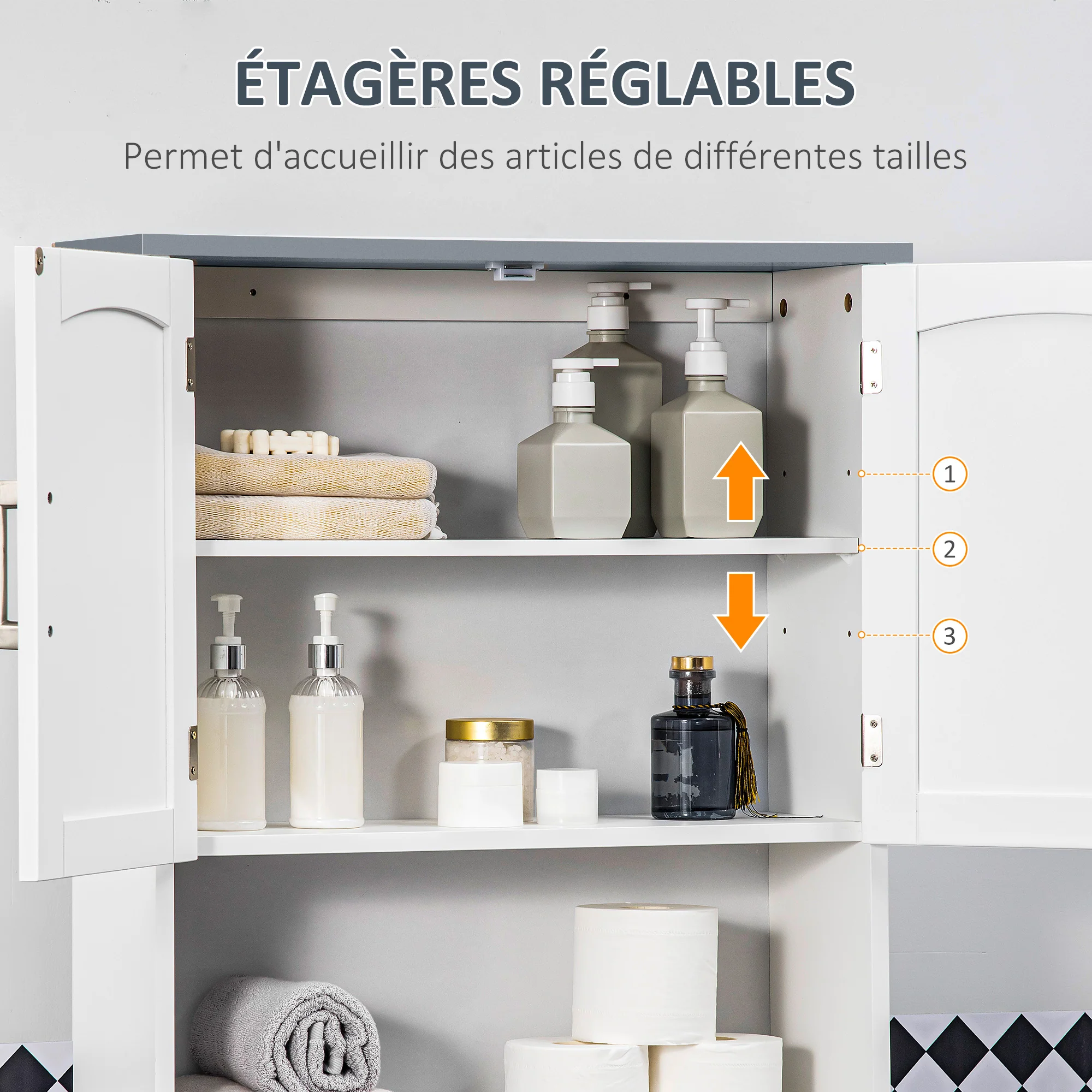 Meuble WC dessus de toilette meuble toilettes WC rangement meuble salle de bain avec placard à double porte, étagère réglable et compartiments ouverts, 64 x 22 x 165 cm, blanc - Image 7