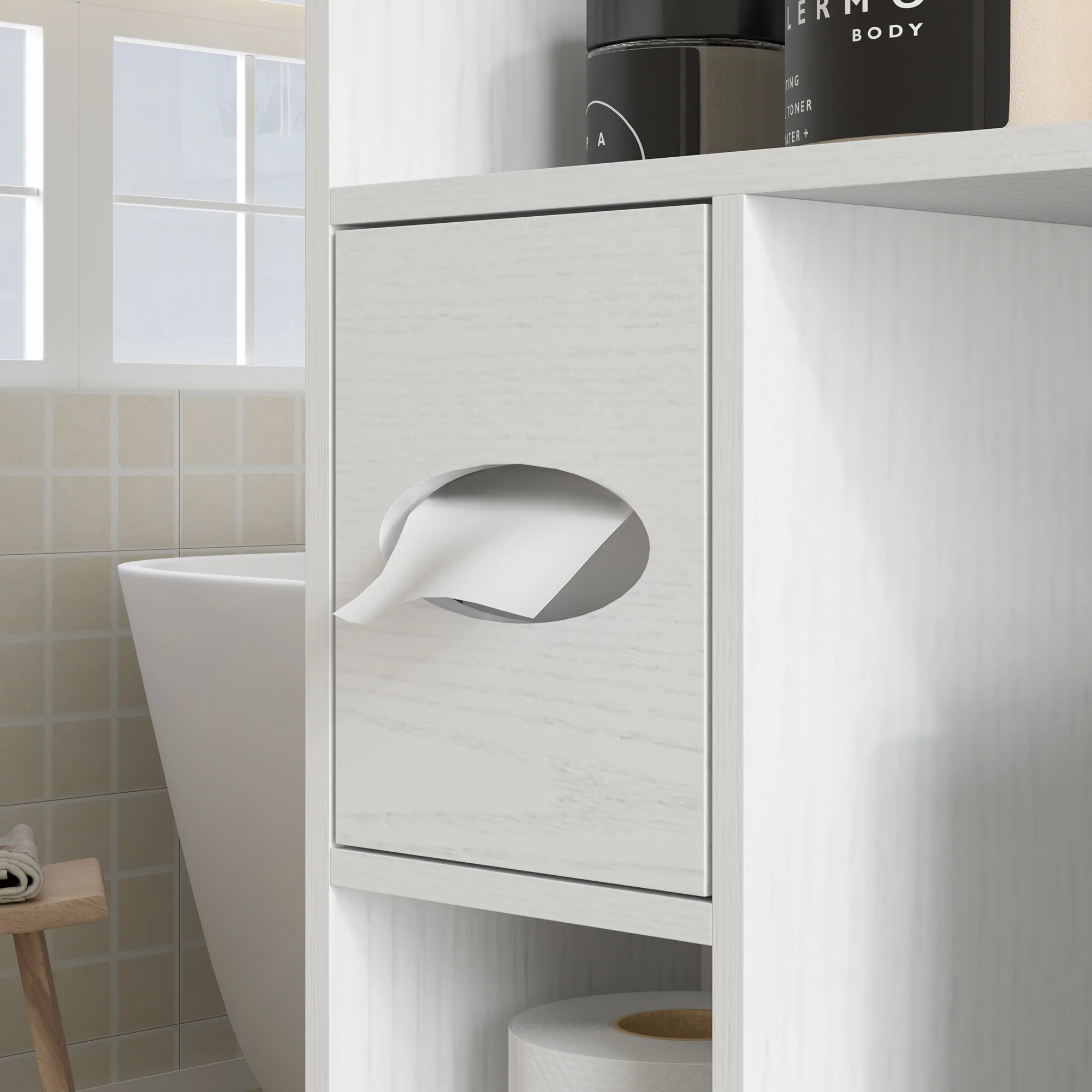 Meuble WC dessus de toilette meuble toilettes WC rangement meuble salle de bain avec placard à porte de grange, étagère réglable, compartiments ouverts et porte-papier, 81,5x19,6x172cm, blanc - Image 10