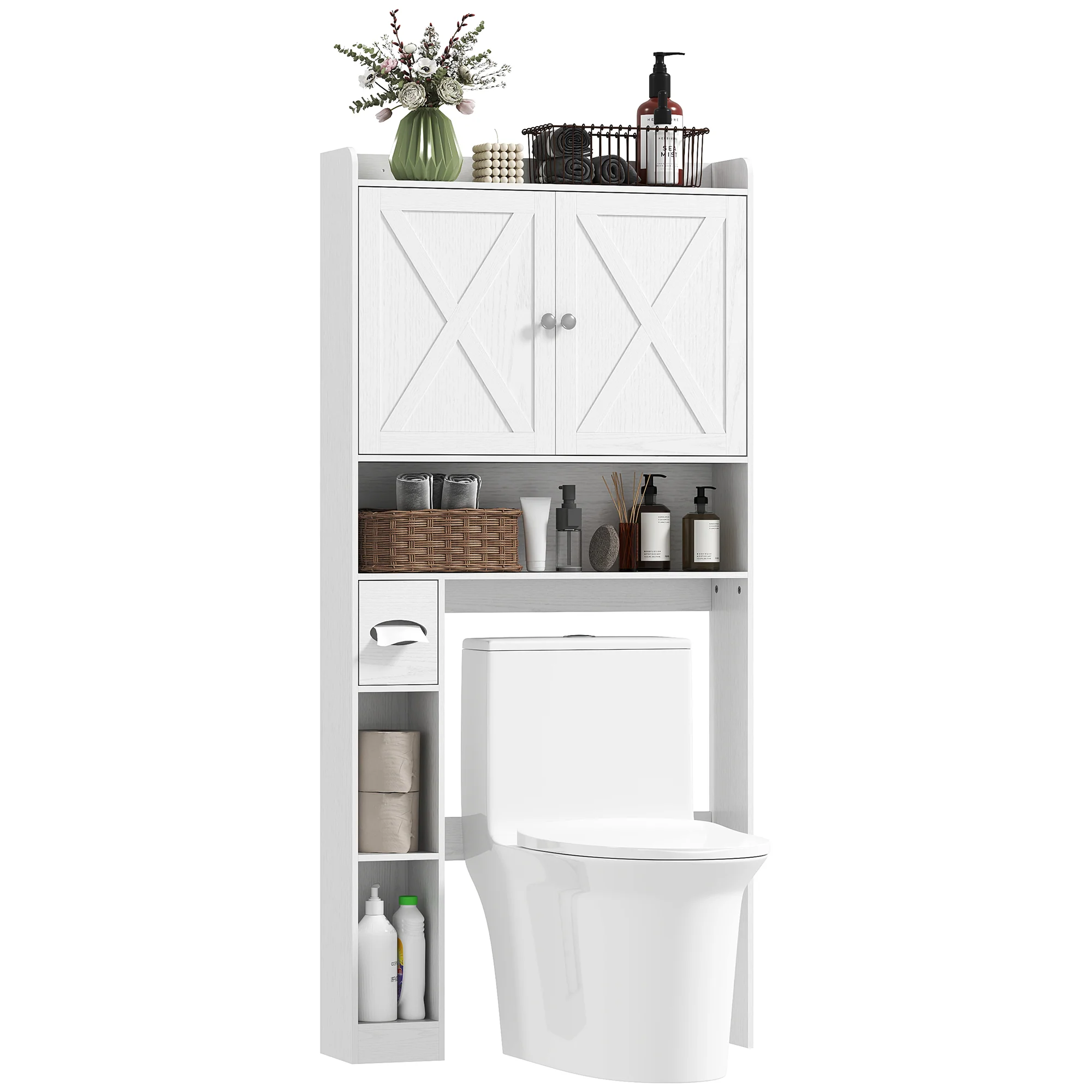 Meuble WC dessus de toilette meuble toilettes WC rangement meuble salle de bain avec placard à porte de grange, étagère réglable, compartiments ouverts et porte-papier, 81,5x19,6x172cm, blanc - Image 11