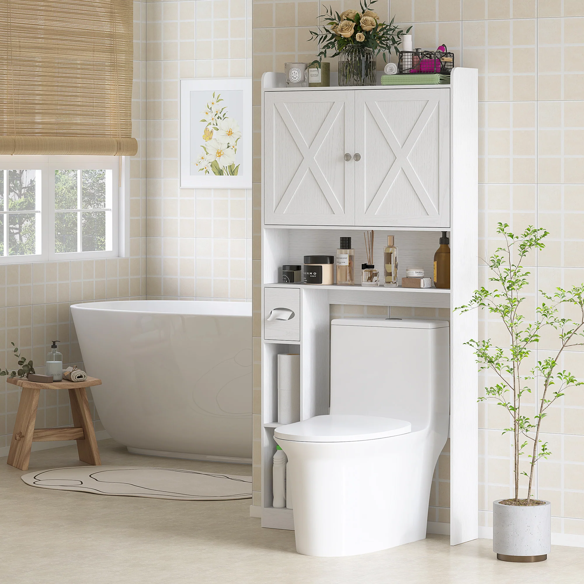 Meuble WC dessus de toilette meuble toilettes WC rangement meuble salle de bain avec placard à porte de grange, étagère réglable, compartiments ouverts et porte-papier, 81,5x19,6x172cm, blanc - Image 3