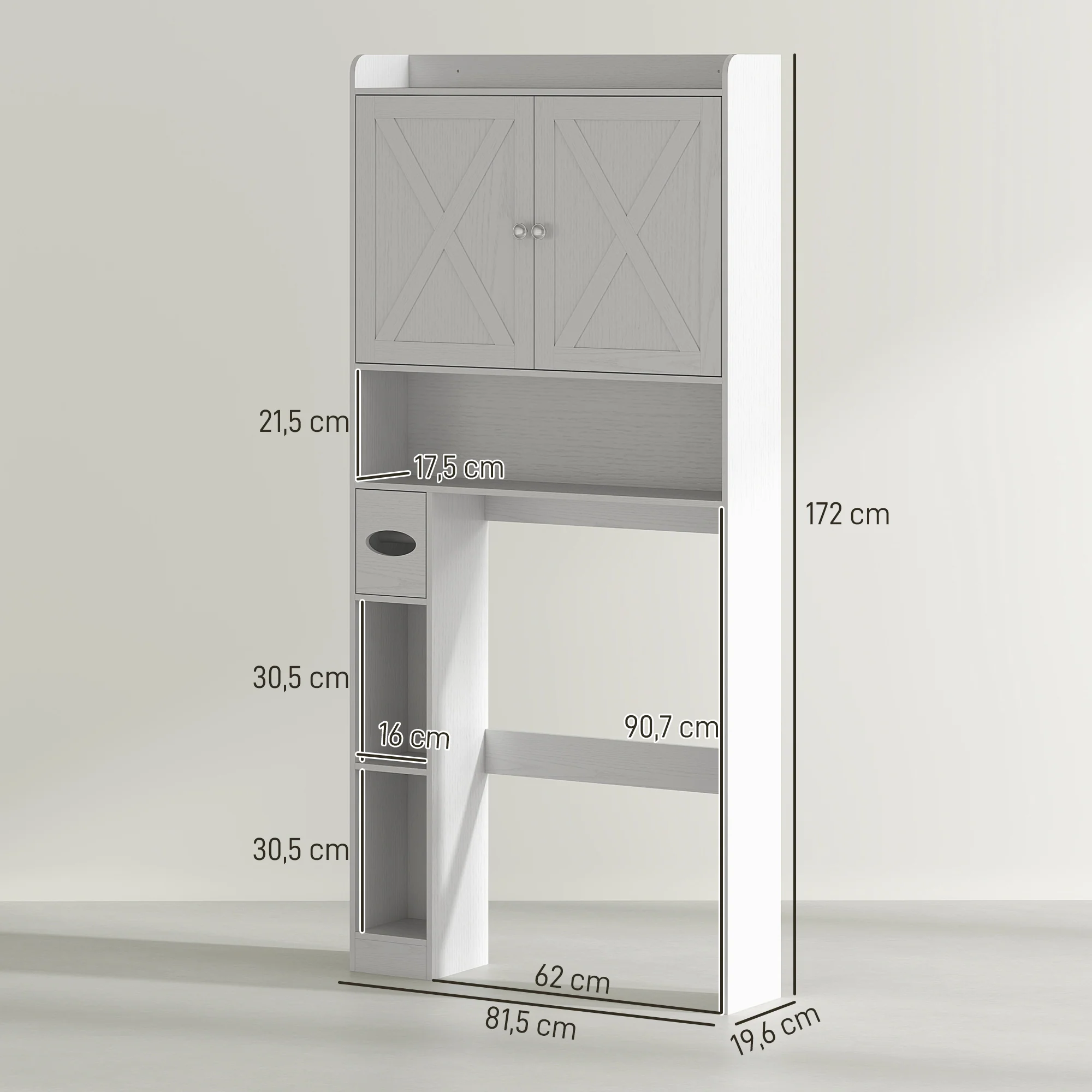 Meuble WC dessus de toilette meuble toilettes WC rangement meuble salle de bain avec placard à porte de grange, étagère réglable, compartiments ouverts et porte-papier, 81,5x19,6x172cm, blanc - Image 4