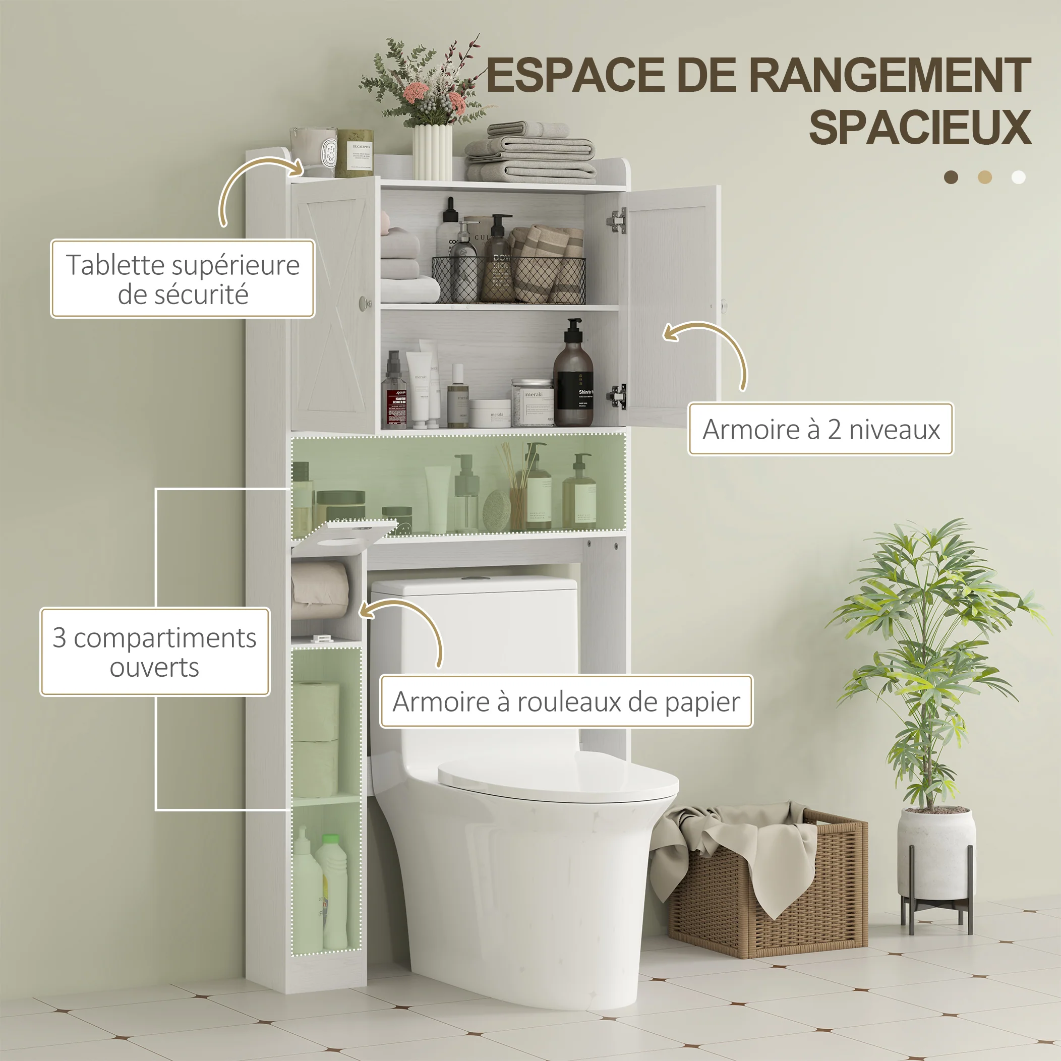 Meuble WC dessus de toilette meuble toilettes WC rangement meuble salle de bain avec placard à porte de grange, étagère réglable, compartiments ouverts et porte-papier, 81,5x19,6x172cm, blanc - Image 5