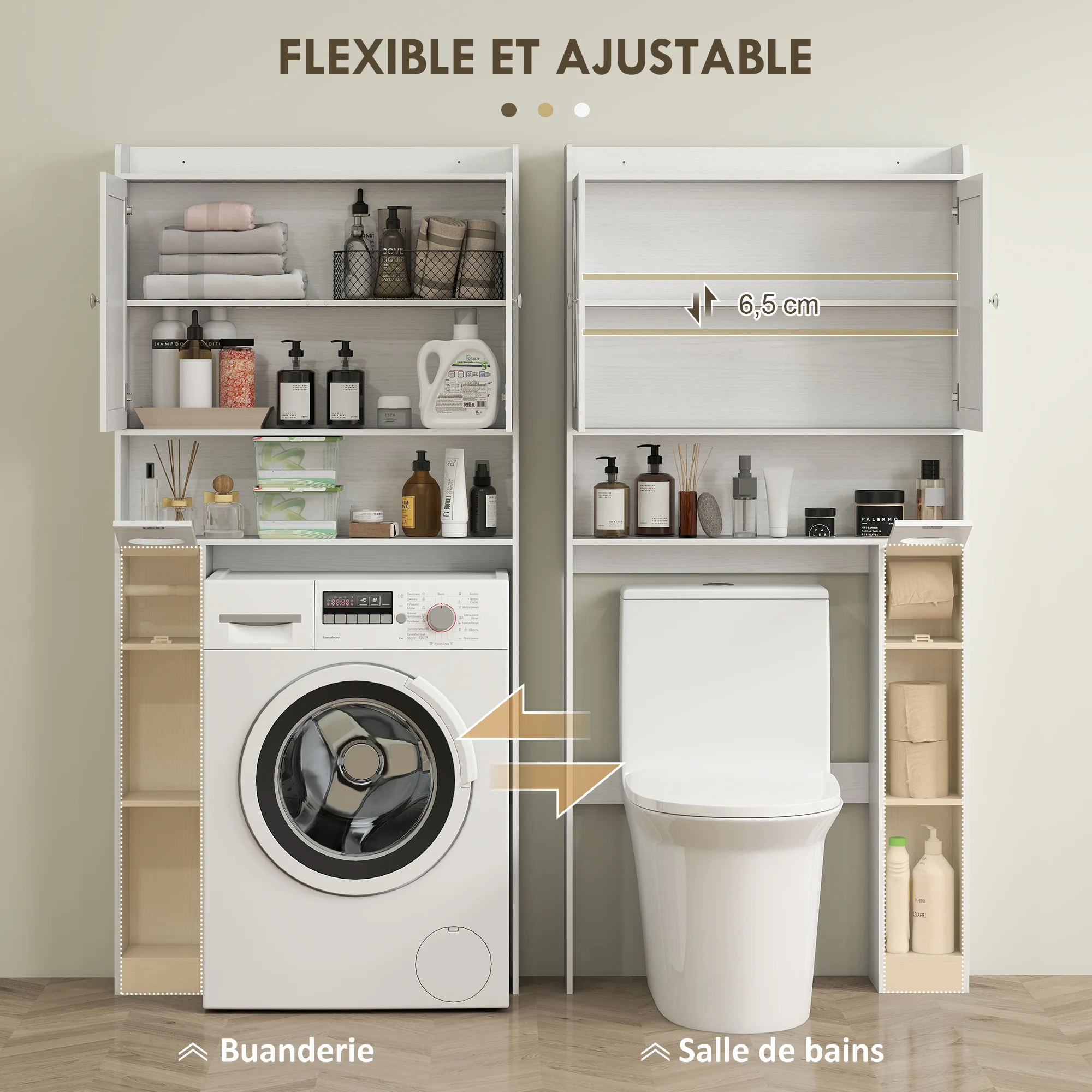 Meuble WC dessus de toilette meuble toilettes WC rangement meuble salle de bain avec placard à porte de grange, étagère réglable, compartiments ouverts et porte-papier, 81,5x19,6x172cm, blanc - Image 6
