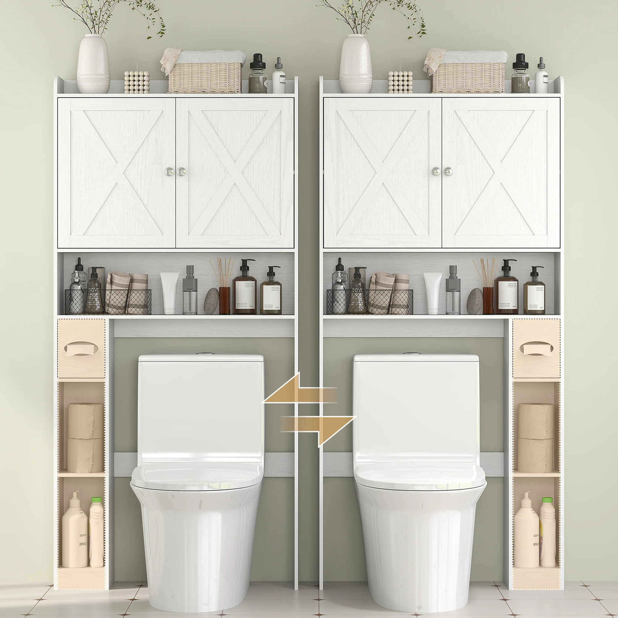 Meuble WC dessus de toilette meuble toilettes WC rangement meuble salle de bain avec placard à porte de grange, étagère réglable, compartiments ouverts et porte-papier, 81,5x19,6x172cm, blanc - Image 9