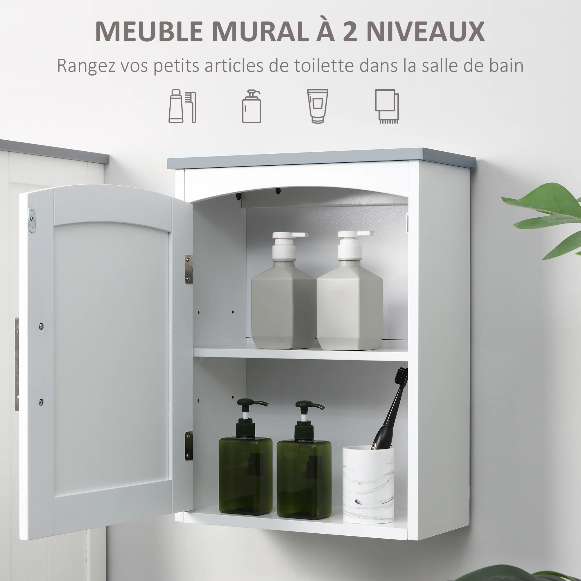 Meuble wc suspendu armoire à pharmacie murale armoire salle de bain rangement avec porte et étagère réglable - 41 x 18,5 x 52 cm - MDF - blanc - Image 5