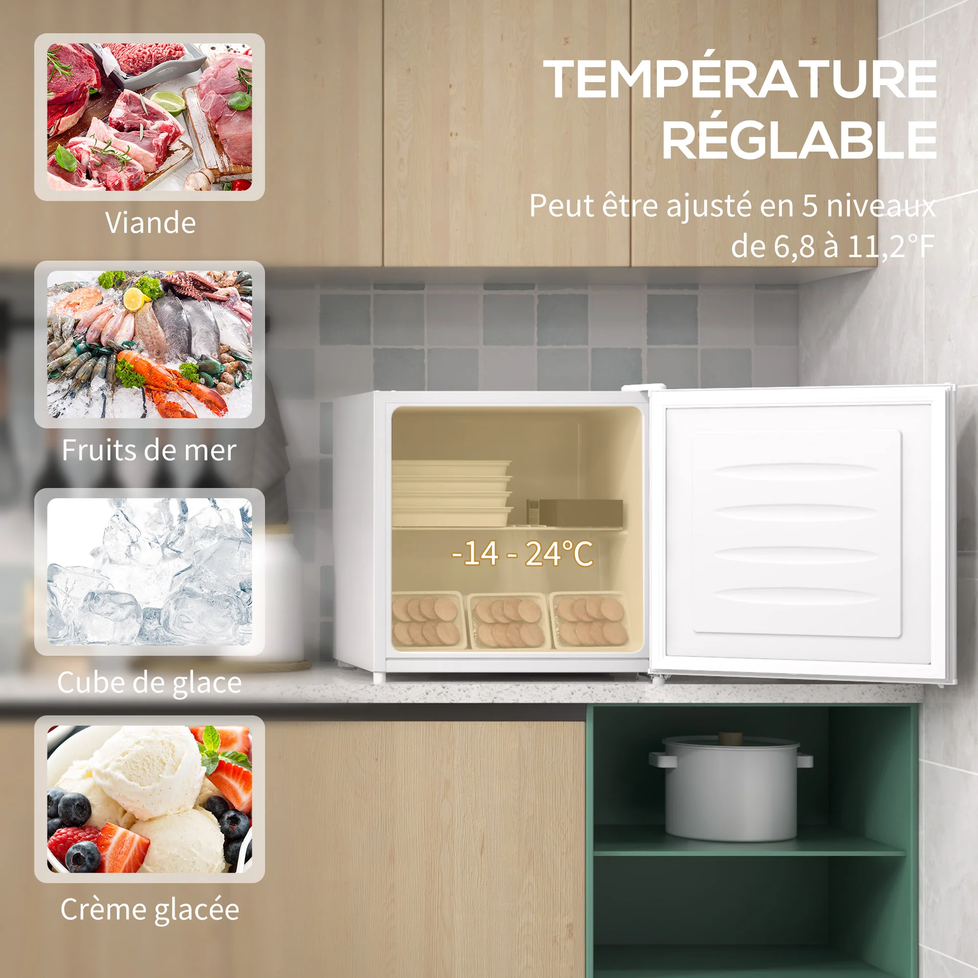 Mini congélateur Température Réglable de -14 à -24°C Compact 35L - étagère Amovible - Porte réversible Classe E - 47 x 44,2 x 48,8 cm - Blanc - Image 5