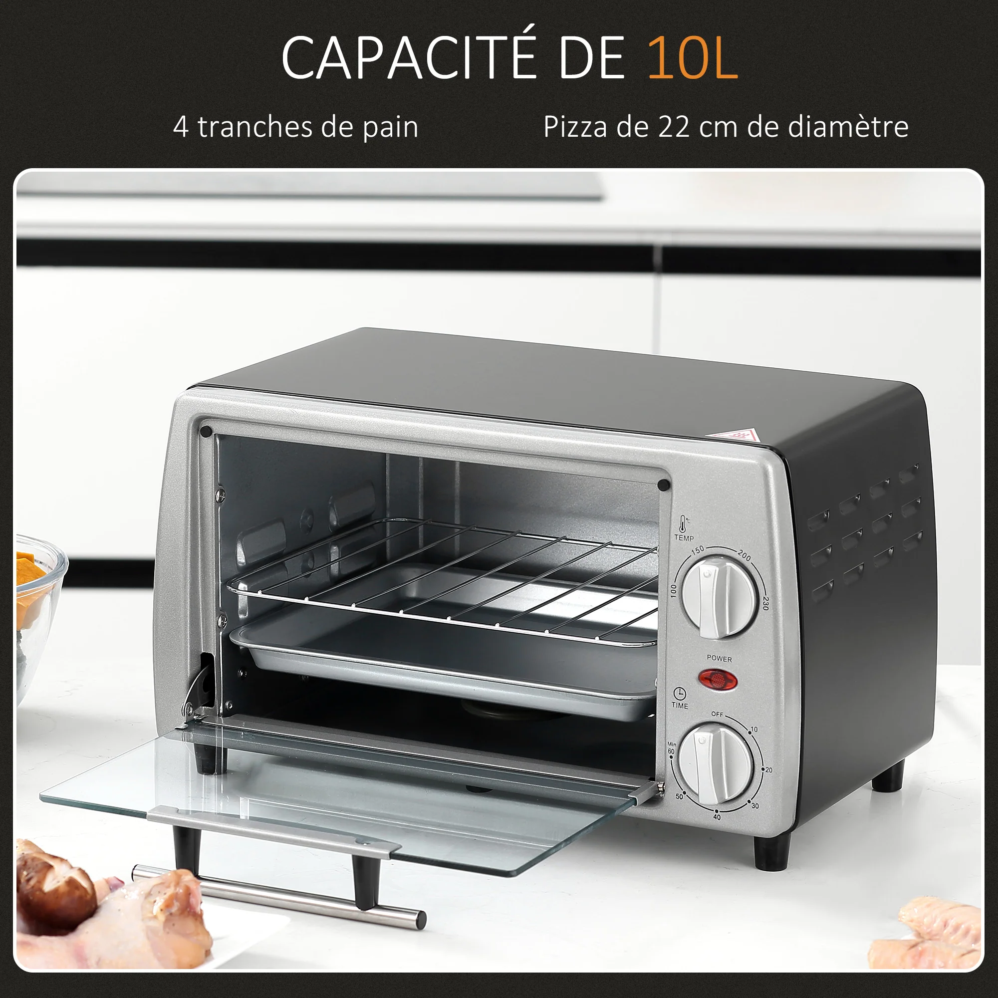 Mini four électrique 10L avec 1 grille et 1 plateau, température réglable de 100°C à 230°C, Minuteur 60 min, 36,5x26x22cm, argent - Image 5