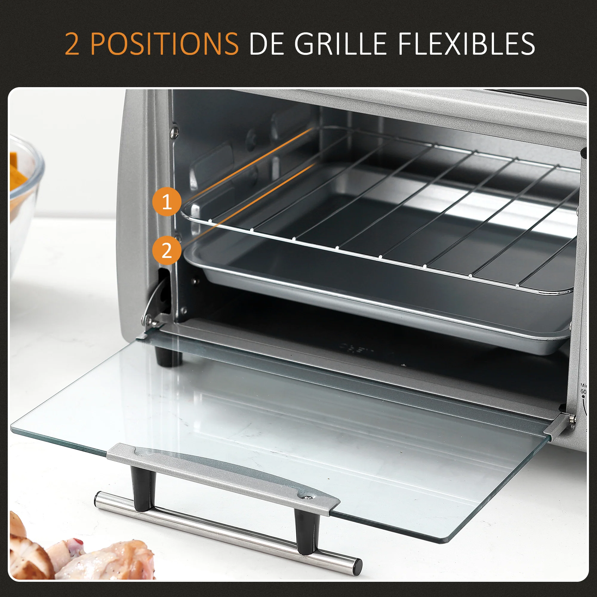 Mini four électrique 10L avec 1 grille et 1 plateau, température réglable de 100°C à 230°C, Minuteur 60 min, 36,5x26x22cm, argent - Image 6