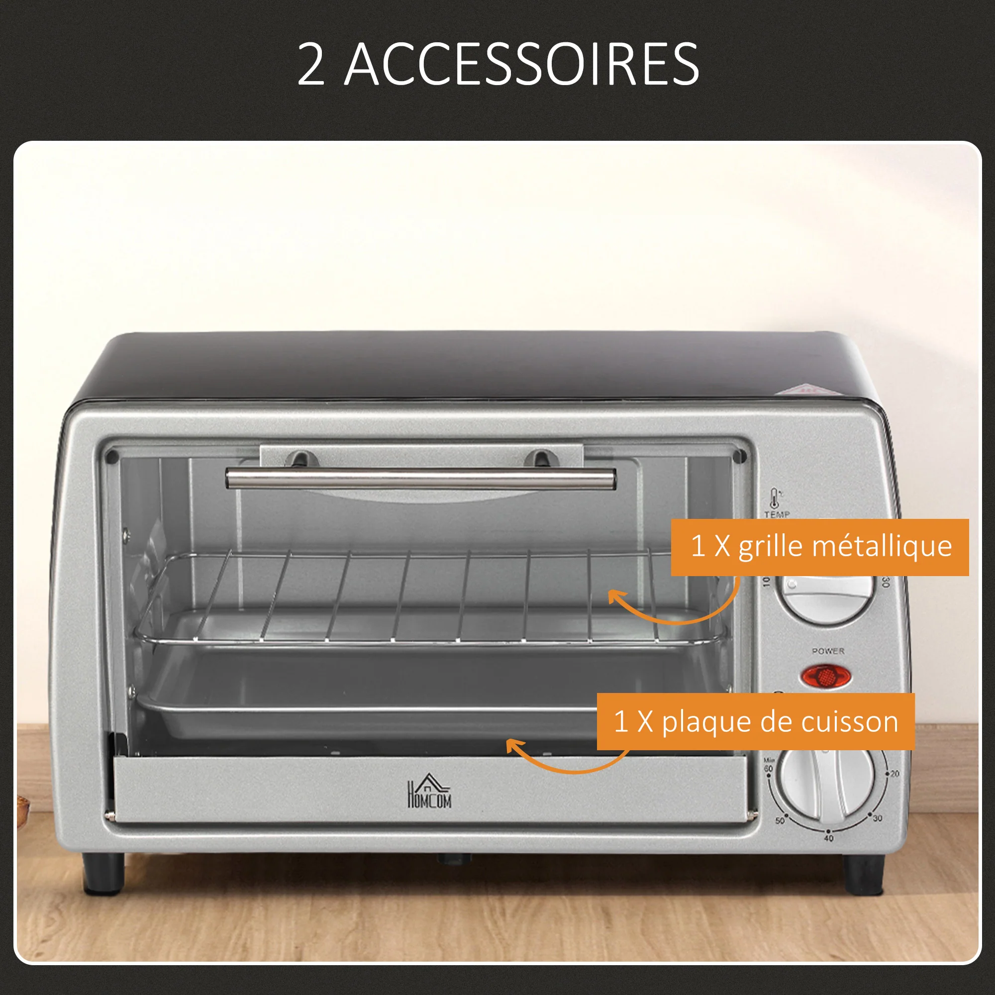 Mini four électrique 10L avec 1 grille et 1 plateau, température réglable de 100°C à 230°C, Minuteur 60 min, 36,5x26x22cm, argent - Image 7