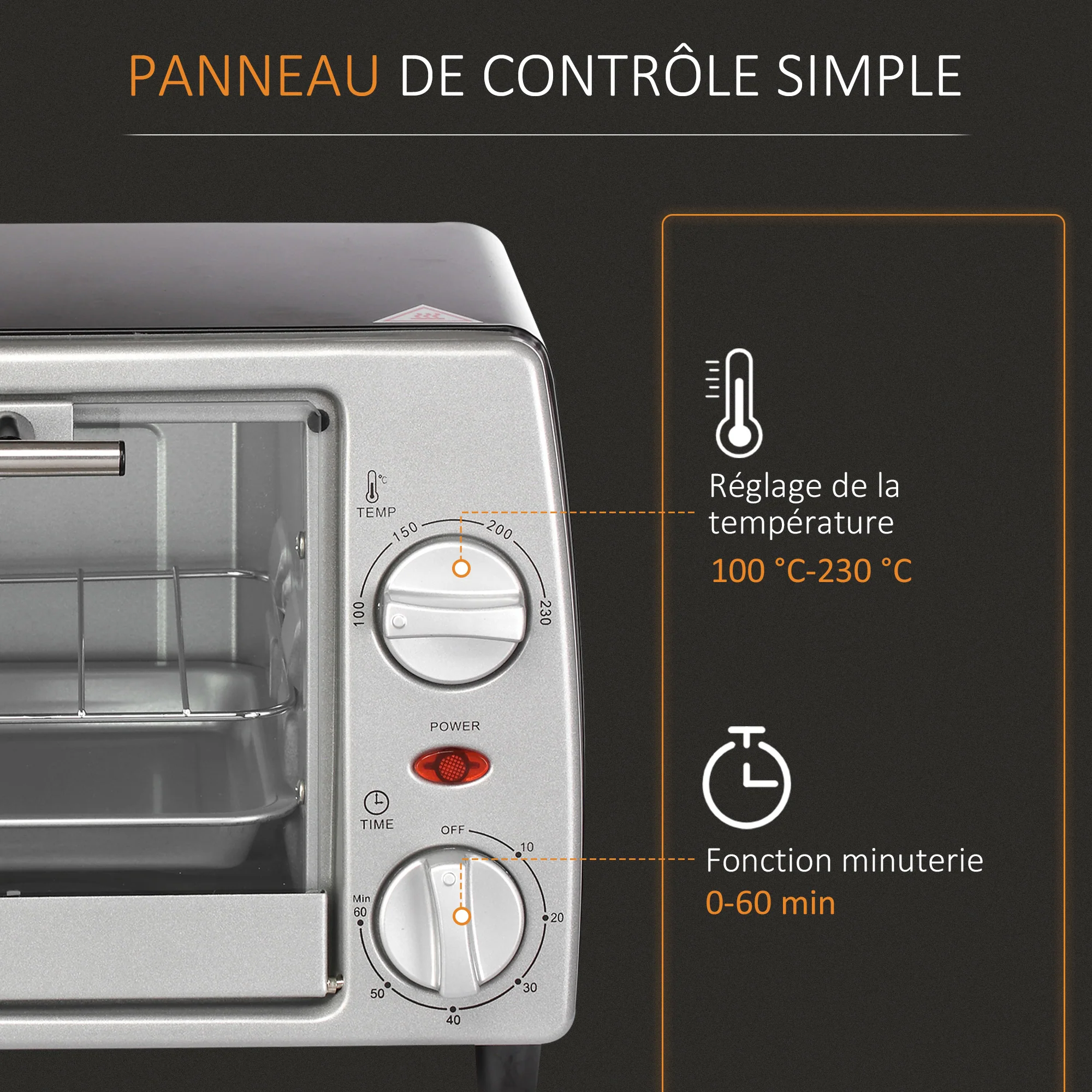 Mini four électrique 10L avec 1 grille et 1 plateau, température réglable de 100°C à 230°C, Minuteur 60 min, 36,5x26x22cm, argent - Image 8