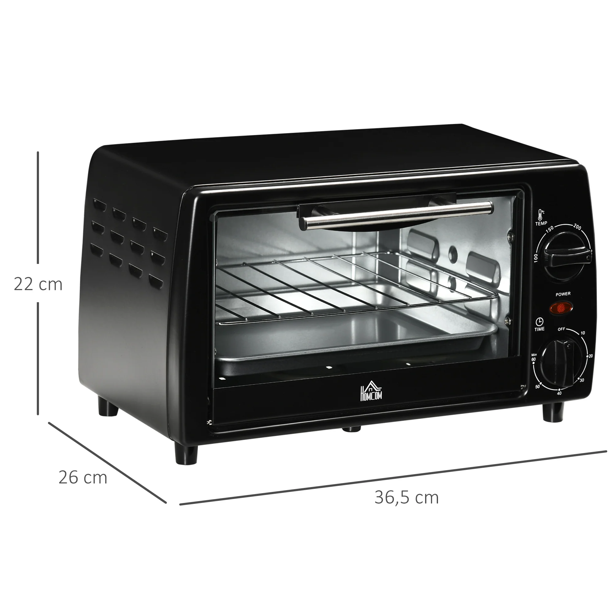 Mini four électrique 10L avec 1 grille et 1 plateau, température réglable de 100°C à 230°C, Minuteur 60 min, 36,5x26x22cm, noir - Image 4