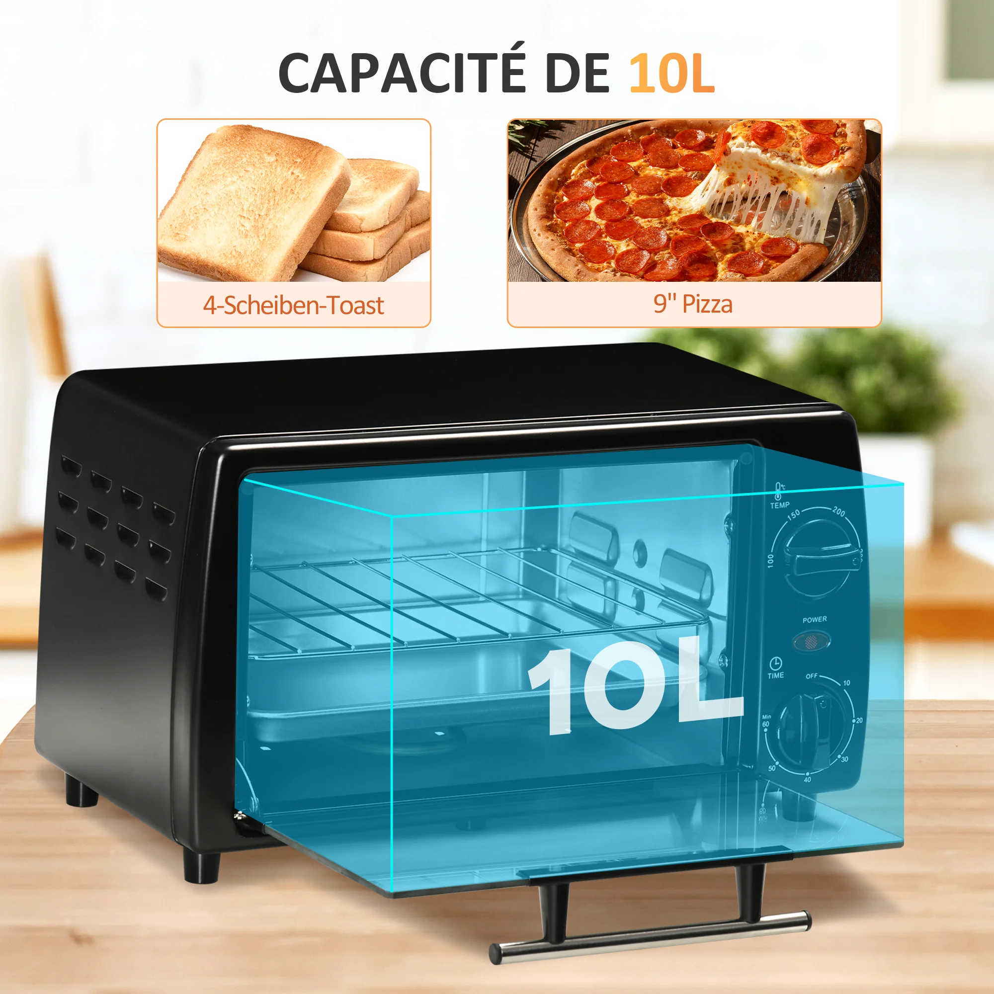 Mini four électrique 10L avec 1 grille et 1 plateau, température réglable de 100°C à 230°C, Minuteur 60 min, 36,5x26x22cm, noir - Image 5