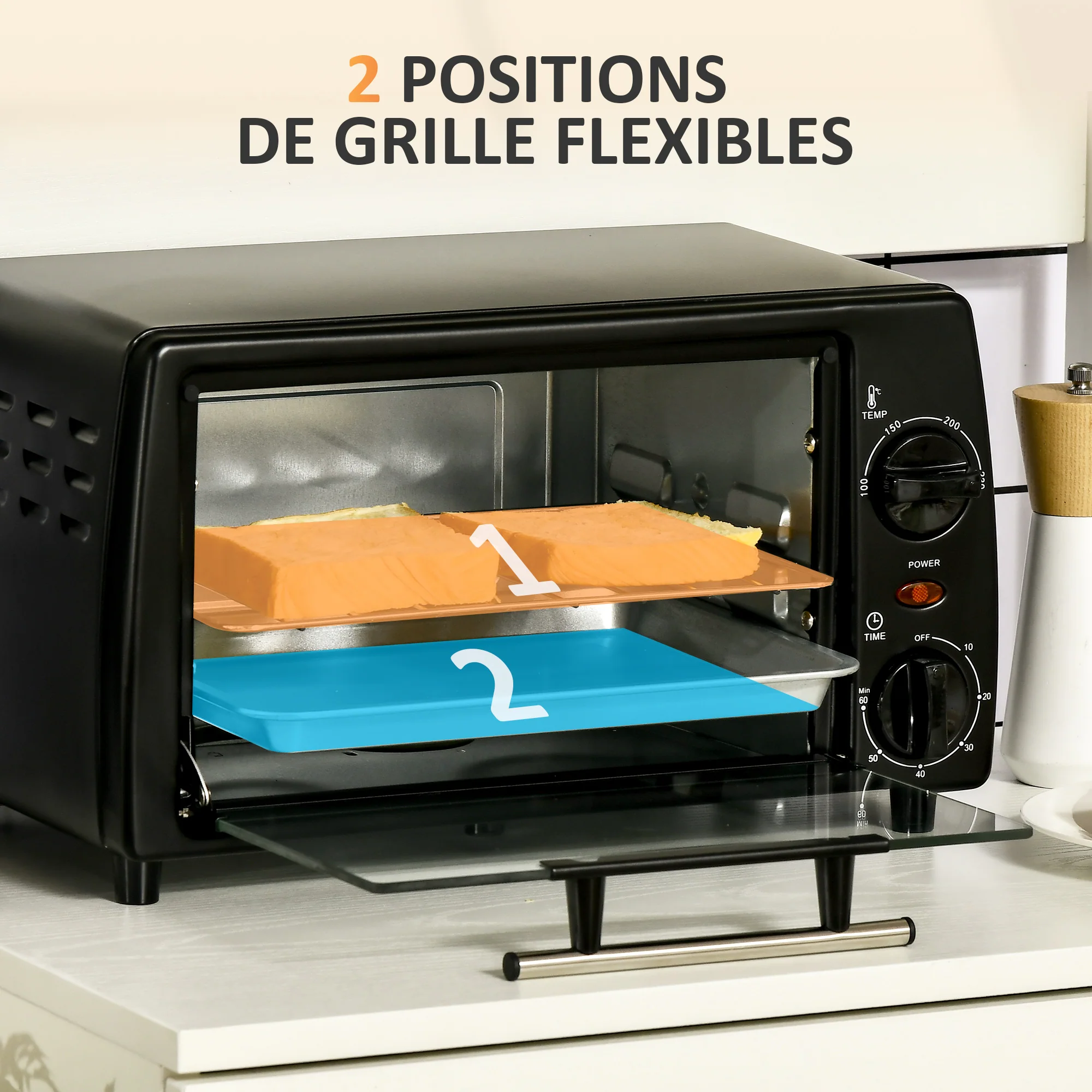 Mini four électrique 10L avec 1 grille et 1 plateau, température réglable de 100°C à 230°C, Minuteur 60 min, 36,5x26x22cm, noir - Image 6