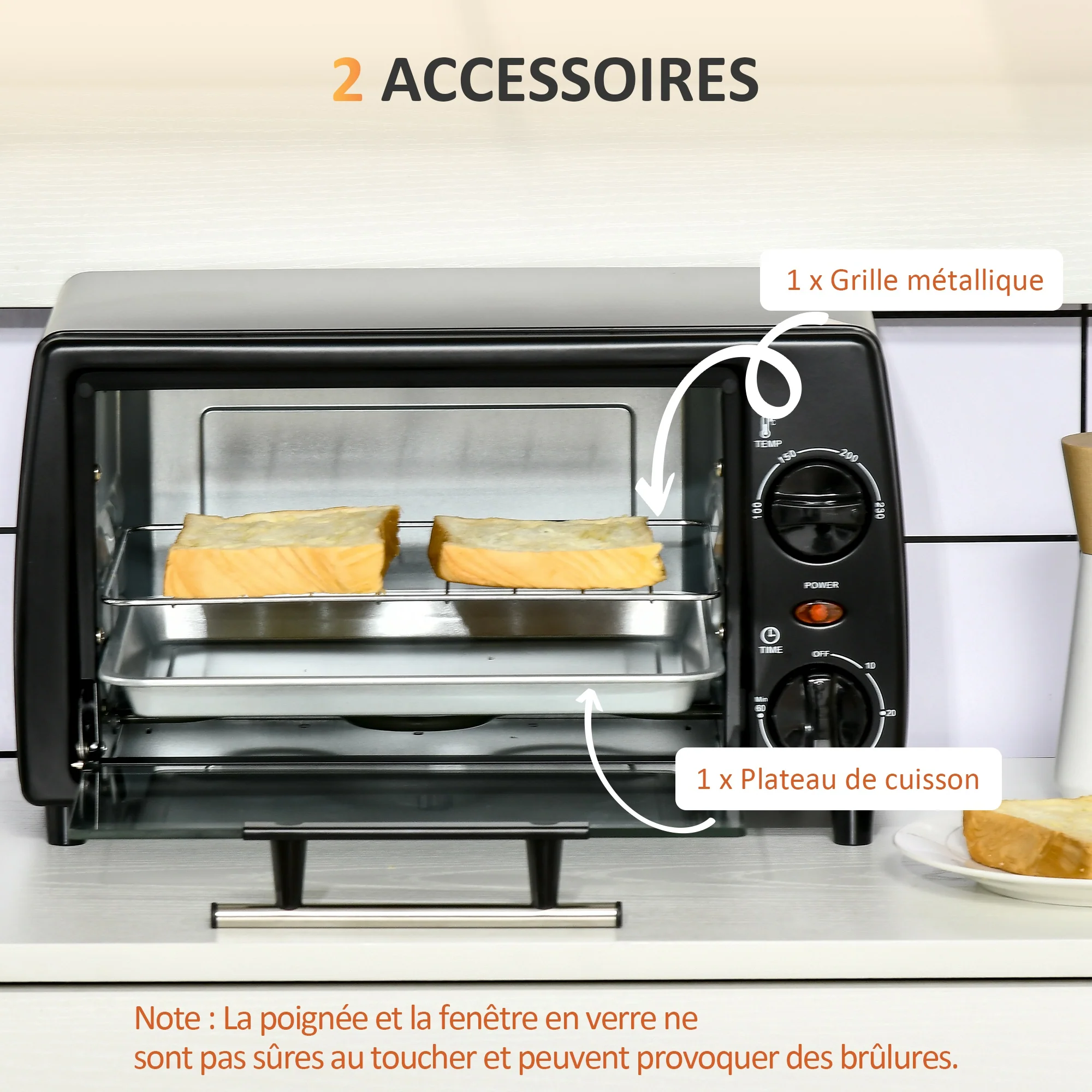 Mini four électrique 10L avec 1 grille et 1 plateau, température réglable de 100°C à 230°C, Minuteur 60 min, 36,5x26x22cm, noir - Image 7