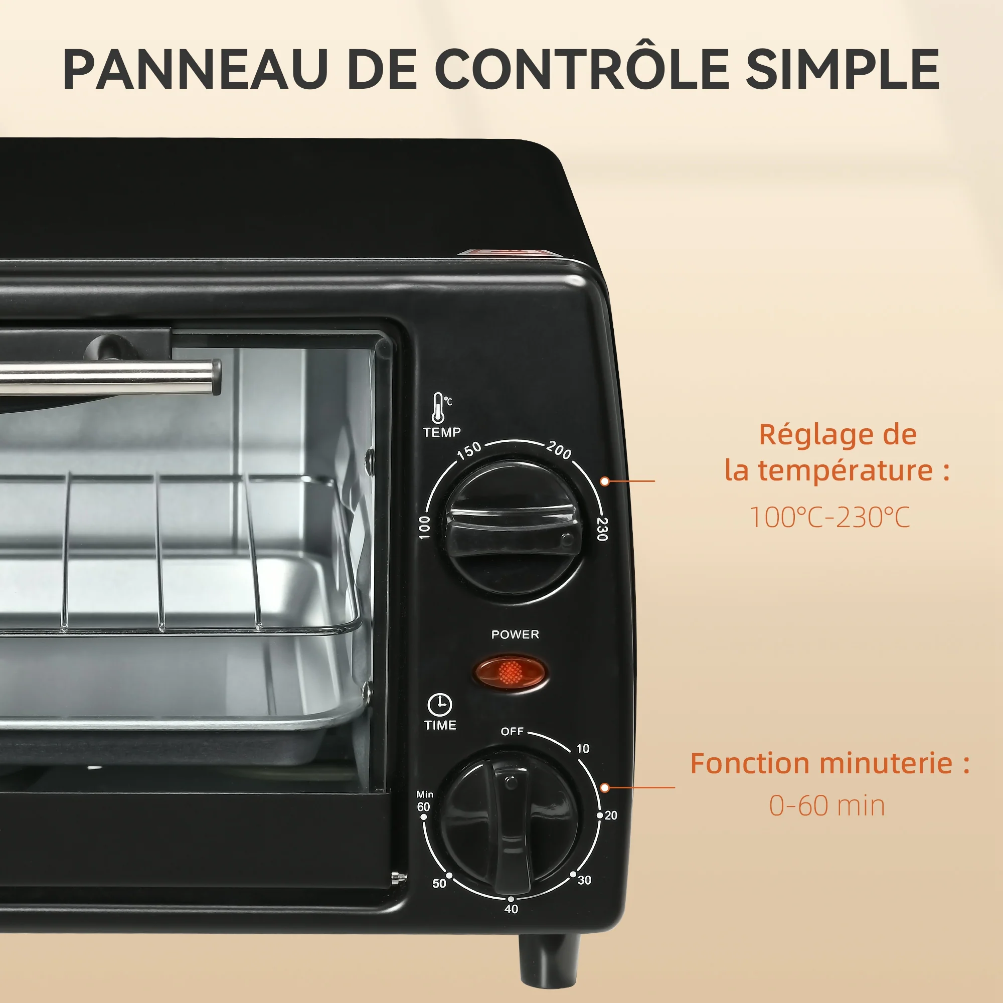 Mini four électrique 10L avec 1 grille et 1 plateau, température réglable de 100°C à 230°C, Minuteur 60 min, 36,5x26x22cm, noir - Image 8