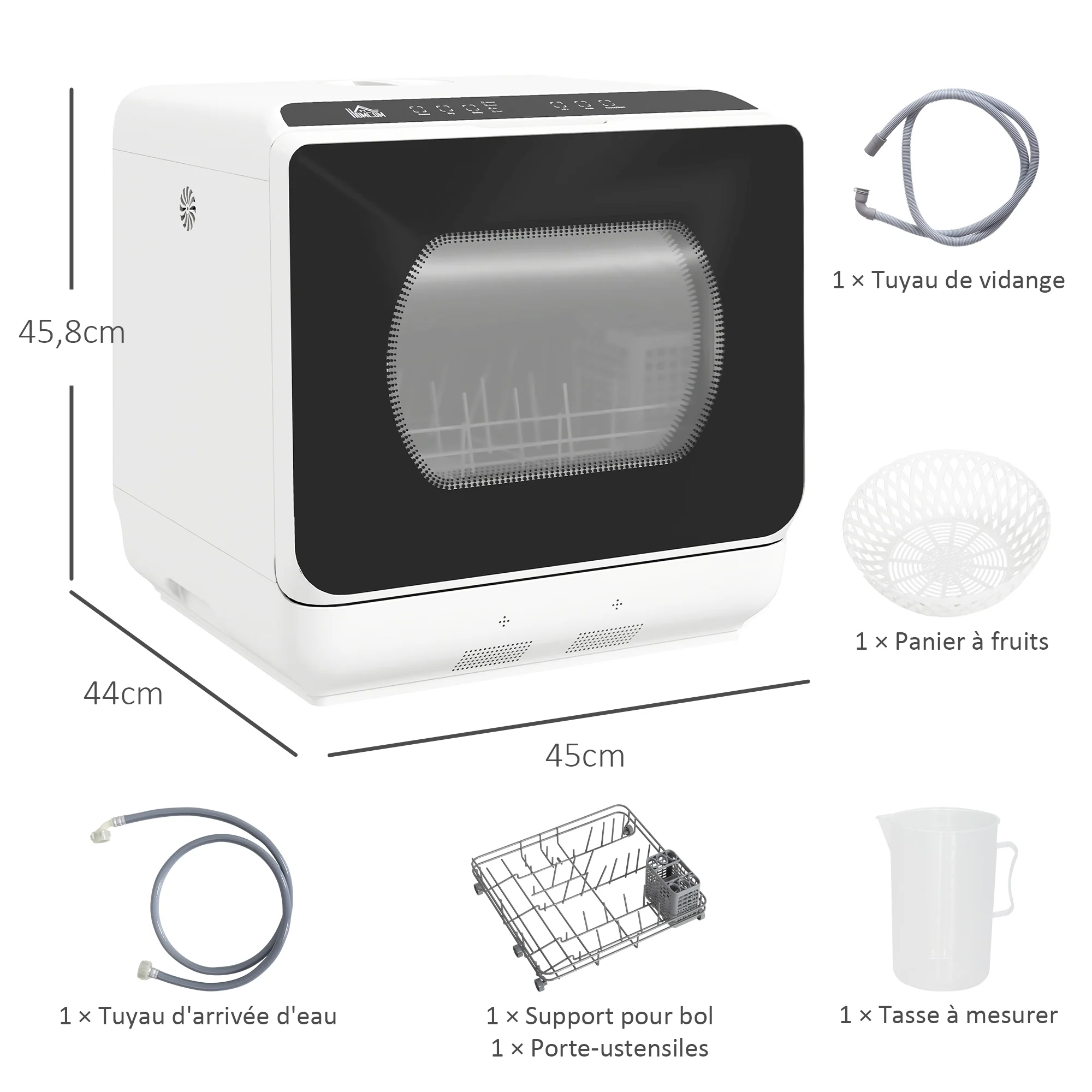 Mini lave-vaisselle 4 couverts, lave-vaisselle de table, 5 programmes, double alimentation en eau, lavage des fruits, réservoir d'eau 6L, commande tactile, affichage LED, départ différé, noir - Image 4