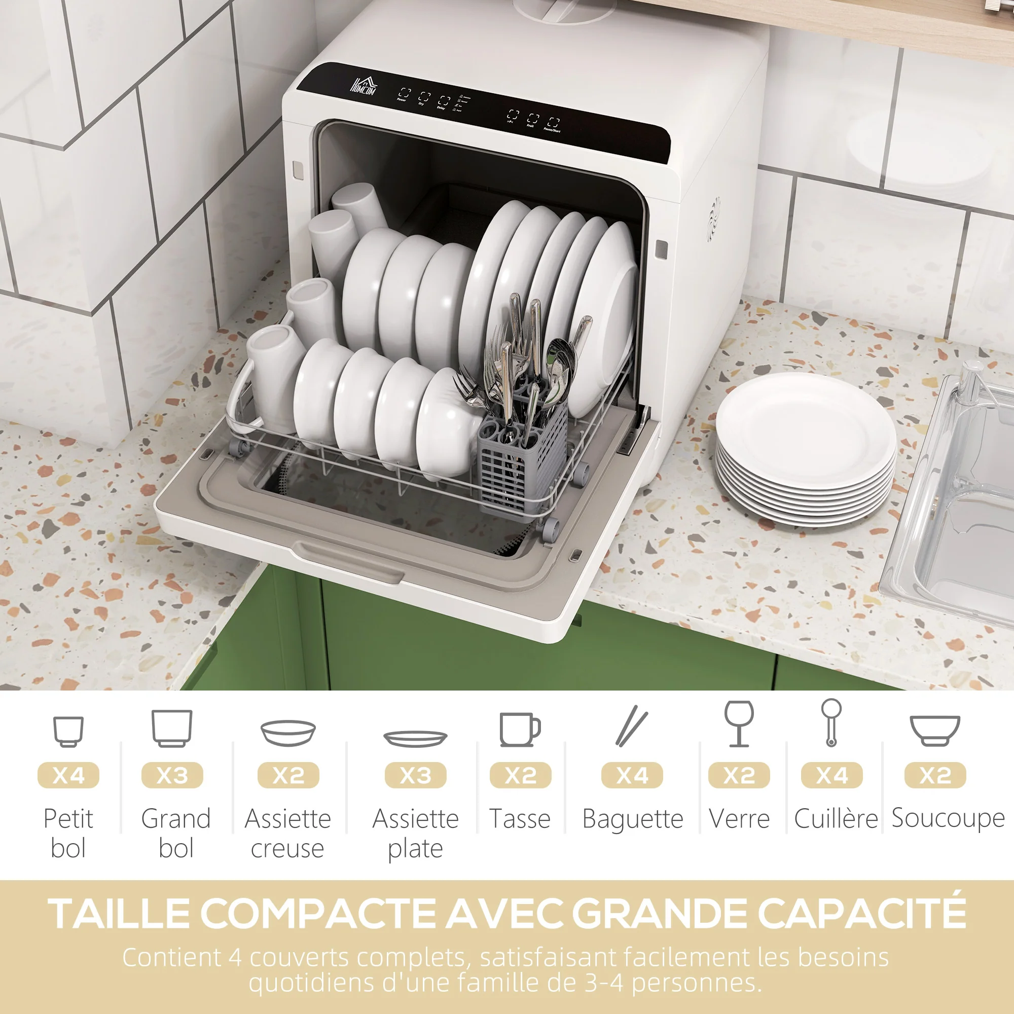 Mini lave-vaisselle 4 couverts, lave-vaisselle de table, 5 programmes, double alimentation en eau, lavage des fruits, réservoir d'eau 6L, commande tactile, affichage LED, départ différé, noir - Image 5