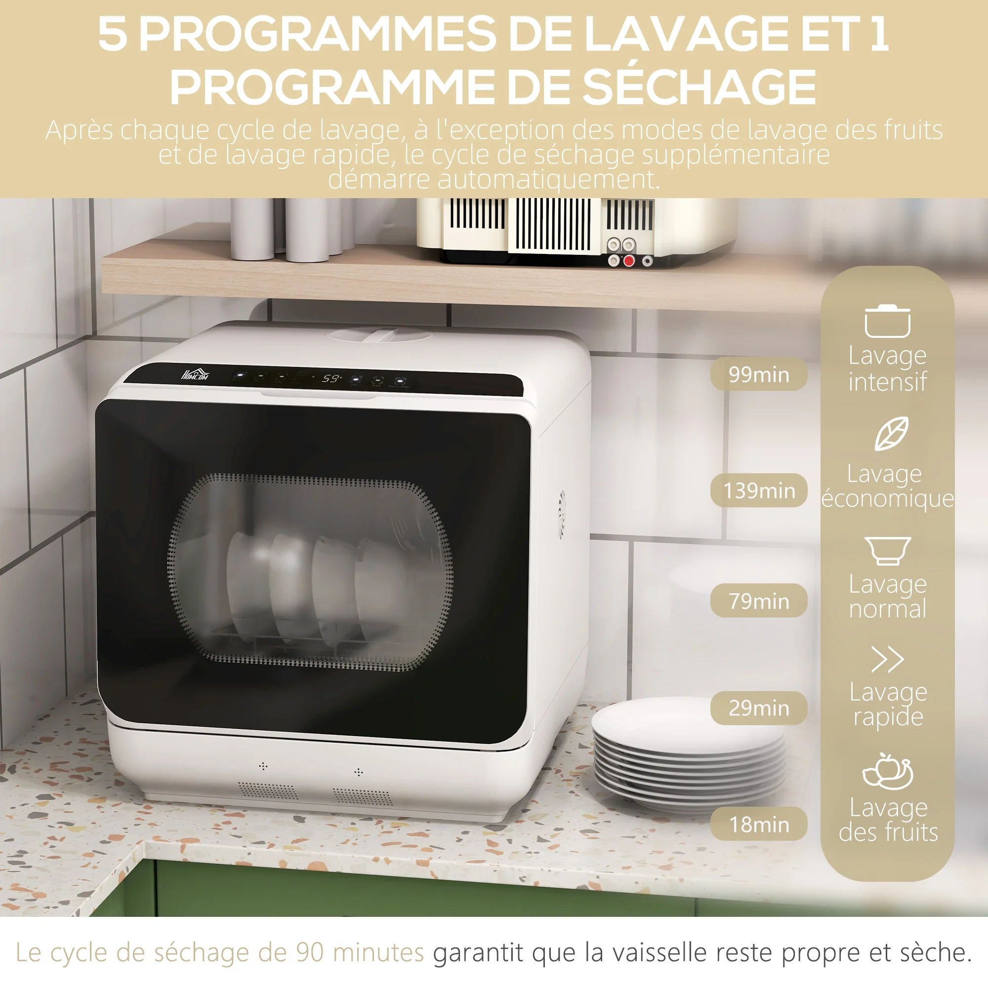 Mini lave-vaisselle 4 couverts, lave-vaisselle de table, 5 programmes, double alimentation en eau, lavage des fruits, réservoir d'eau 6L, commande tactile, affichage LED, départ différé, noir - Image 6