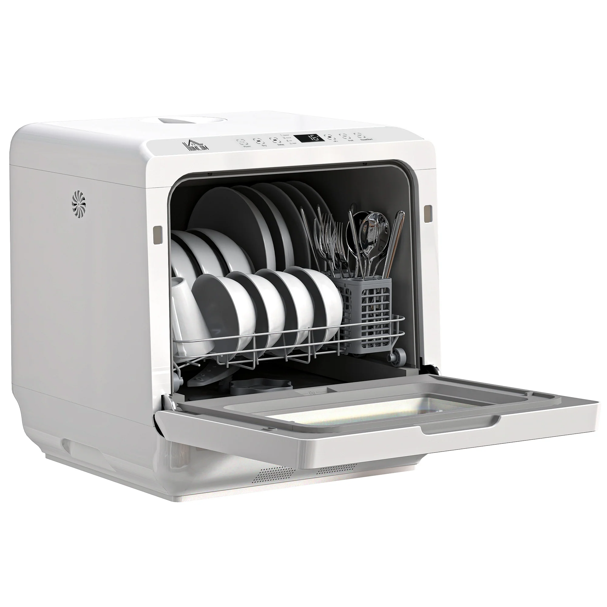 Mini lave-vaisselle 4 couverts, lave-vaisselle de table, 5 programmes, double alimentation en eau, lavage des fruits, réservoir d'eau 6L, commande tactile, affichage LED, départ différé, blanc