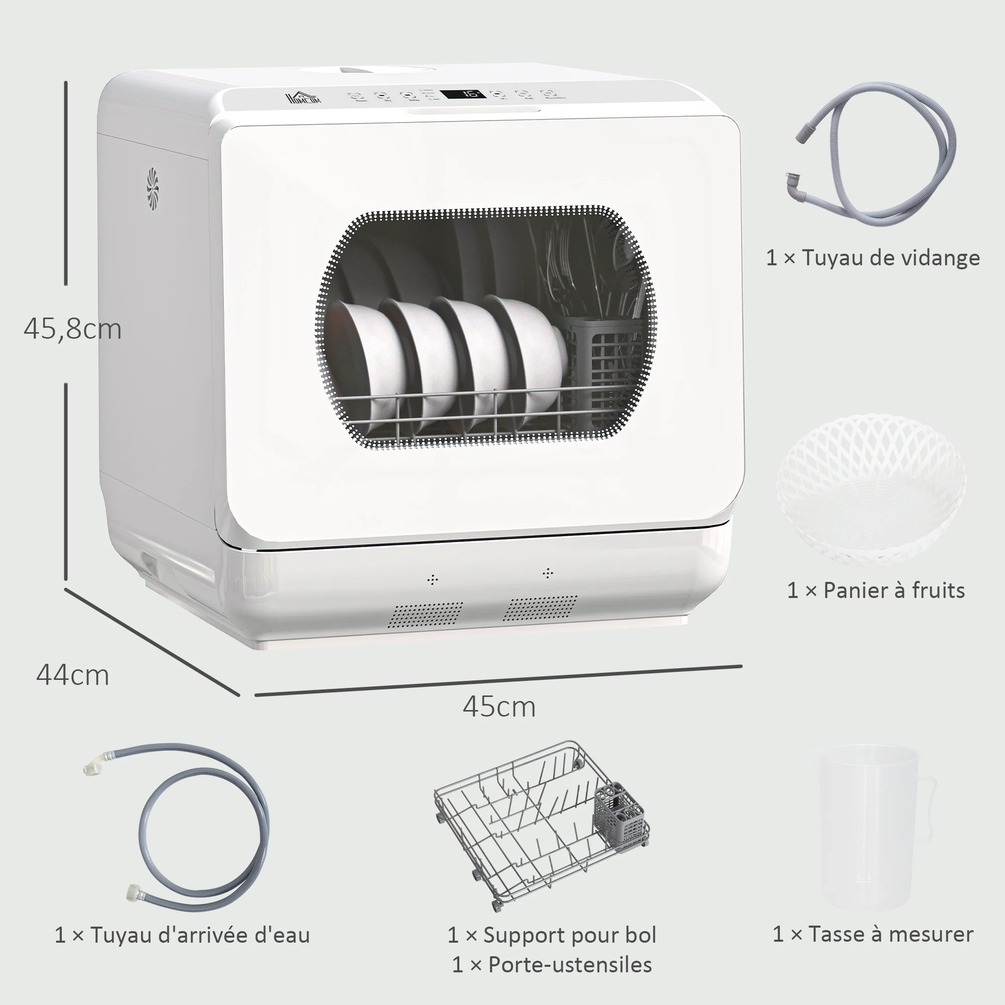 Mini lave-vaisselle 4 couverts, lave-vaisselle de table, 5 programmes, double alimentation en eau, lavage des fruits, réservoir d'eau 6L, commande tactile, affichage LED, départ différé, blanc - Image 4