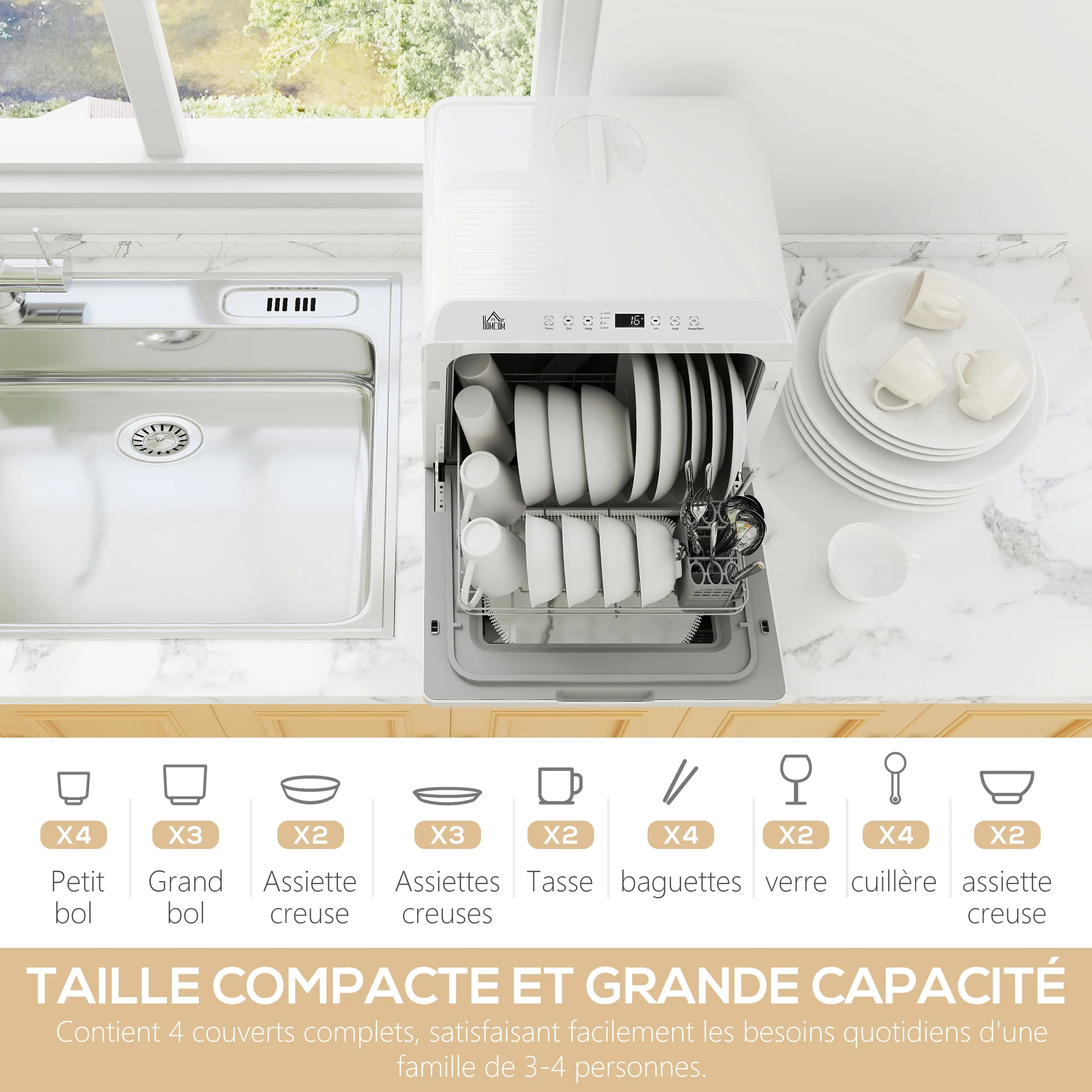 Mini lave-vaisselle 4 couverts, lave-vaisselle de table, 5 programmes, double alimentation en eau, lavage des fruits, réservoir d'eau 6L, commande tactile, affichage LED, départ différé, blanc - Image 5
