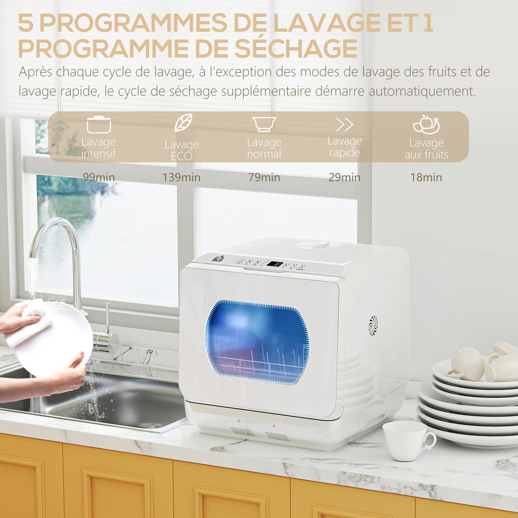 Mini lave-vaisselle 4 couverts, lave-vaisselle de table, 5 programmes, double alimentation en eau, lavage des fruits, réservoir d'eau 6L, commande tactile, affichage LED, départ différé, blanc - Image 6