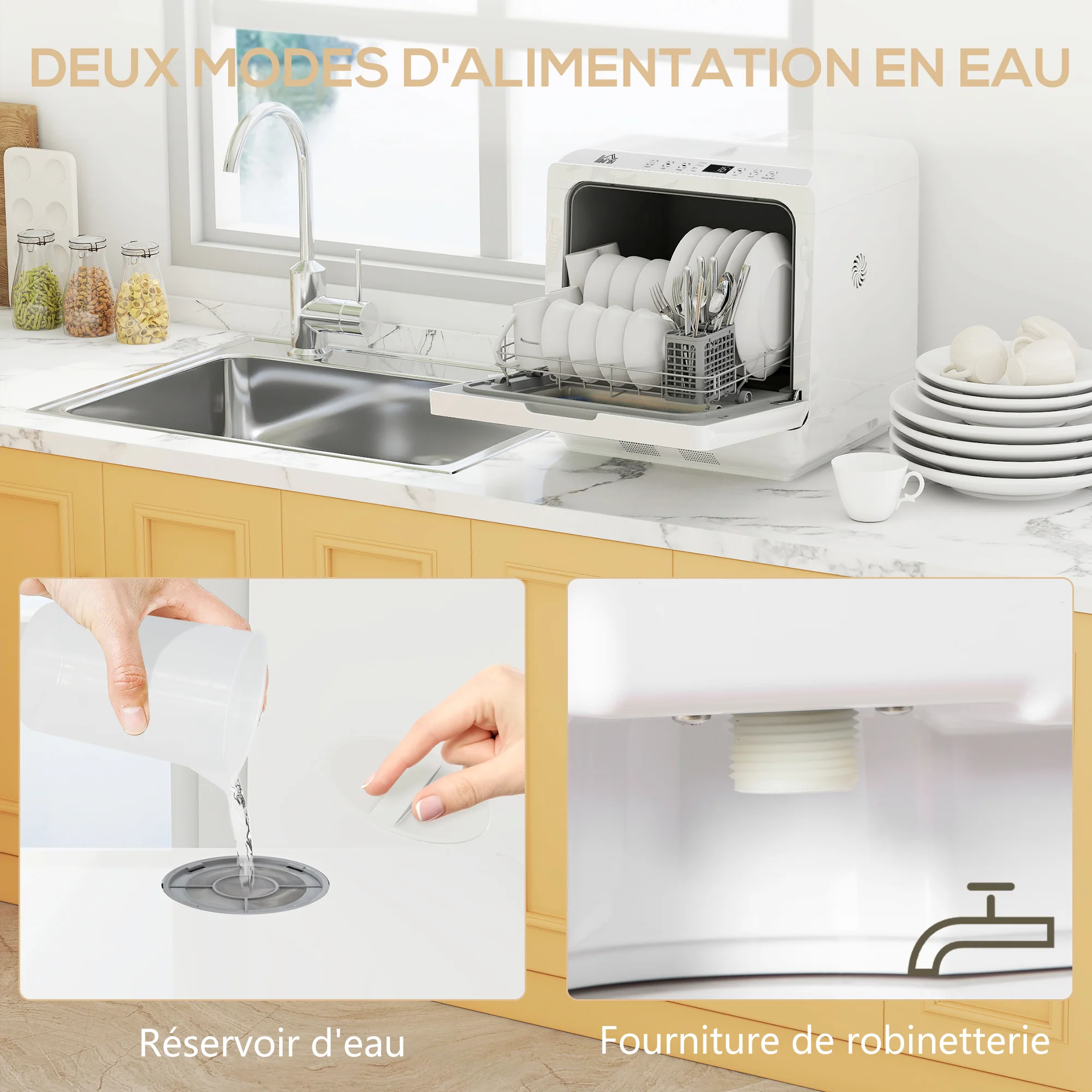 Mini lave-vaisselle 4 couverts, lave-vaisselle de table, 5 programmes, double alimentation en eau, lavage des fruits, réservoir d'eau 6L, commande tactile, affichage LED, départ différé, blanc - Image 7
