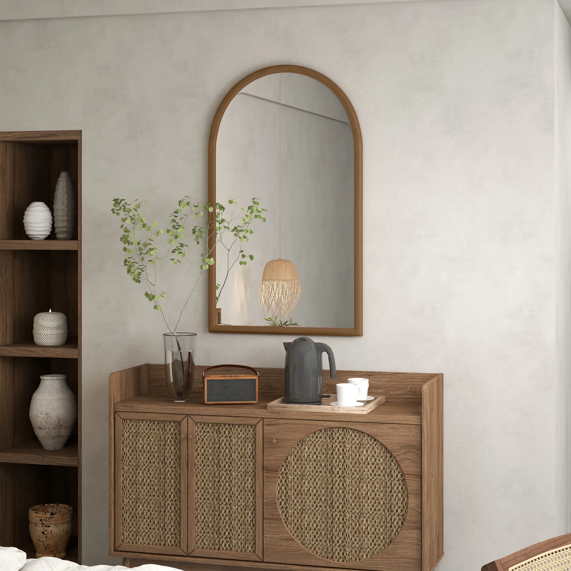 Miroir mural arche, 110 x 65 cm Cadre en bois, Miroir arqué pour le salon, la chambre, l'entrée, brun foncé - Image 3