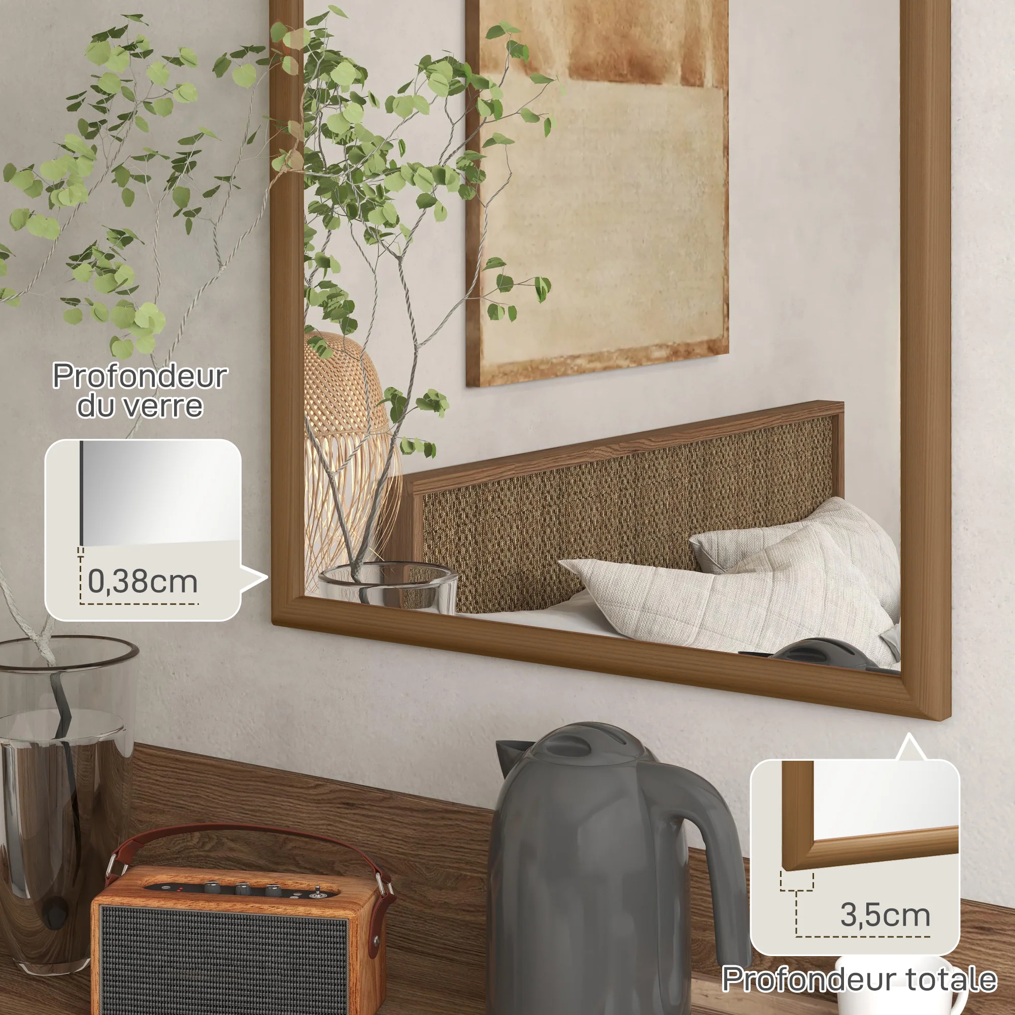 Miroir mural arche, 110 x 65 cm Cadre en bois, Miroir arqué pour le salon, la chambre, l'entrée, brun foncé - Image 8