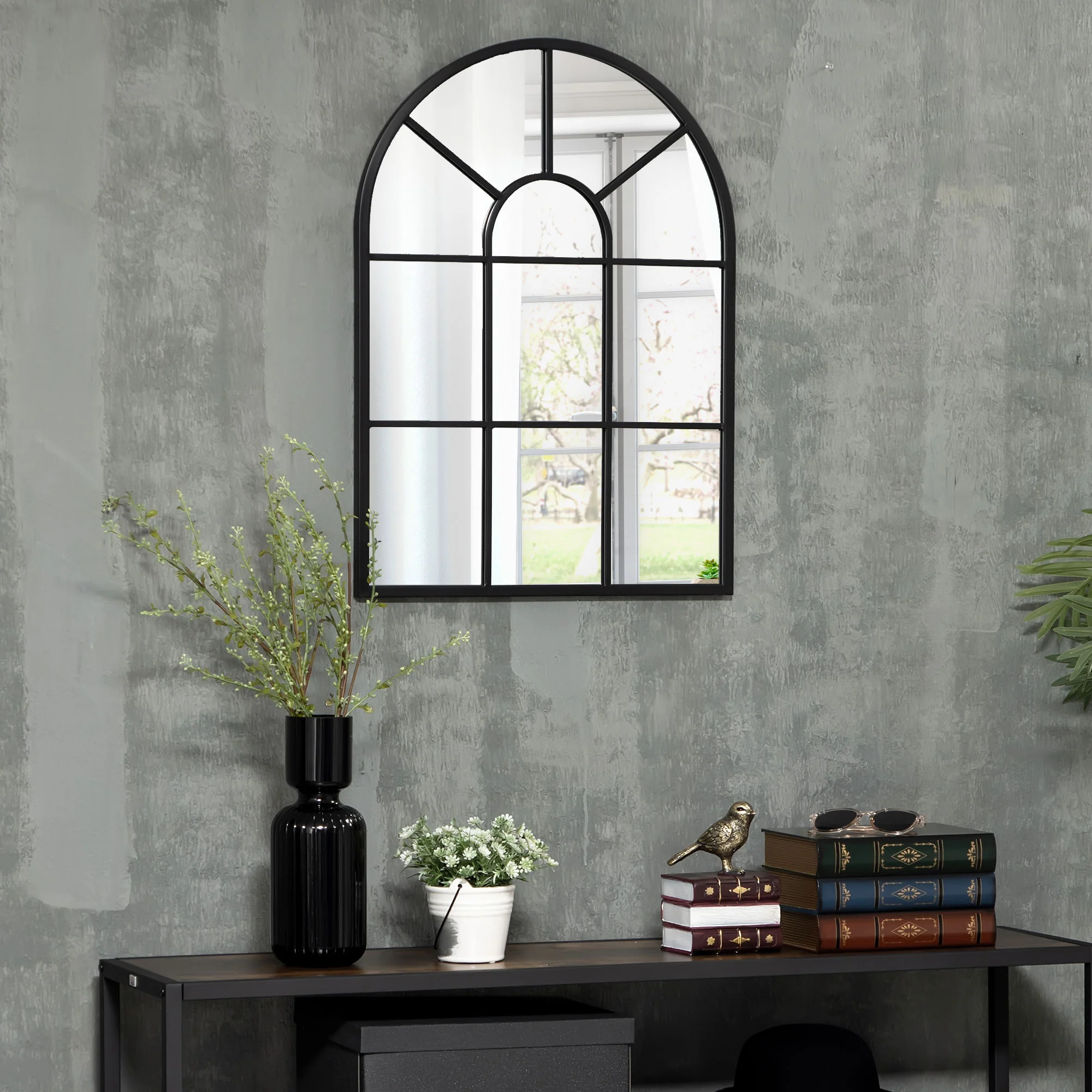 Miroir mural arqué 70 x 50 cm, miroir verrière arche style industriel, miroir de fenêtre arqué avec cadre métallique, pour salon, chambre, couloir, noir - Image 3
