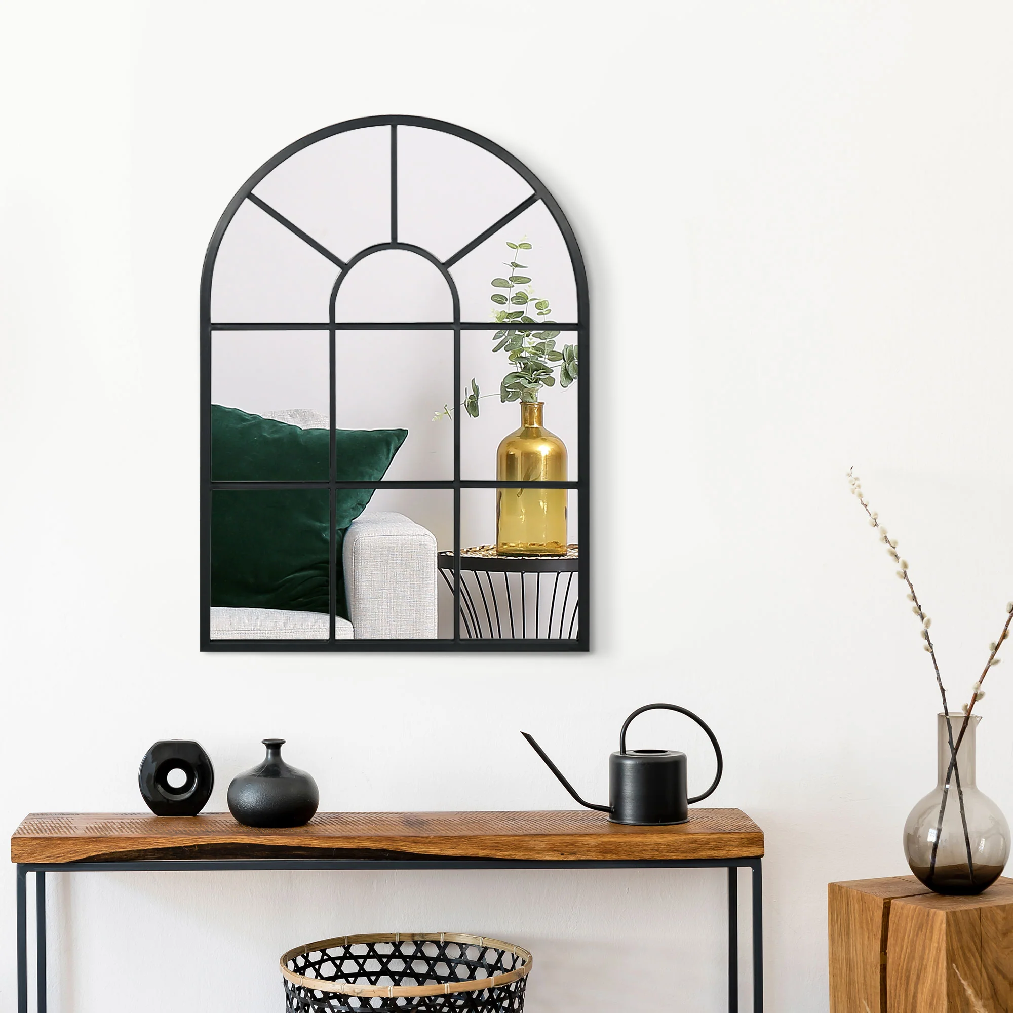 Miroir mural arqué 70 x 50 cm, miroir verrière arche style industriel, miroir de fenêtre arqué avec cadre métallique, pour salon, chambre, couloir, noir - Image 7