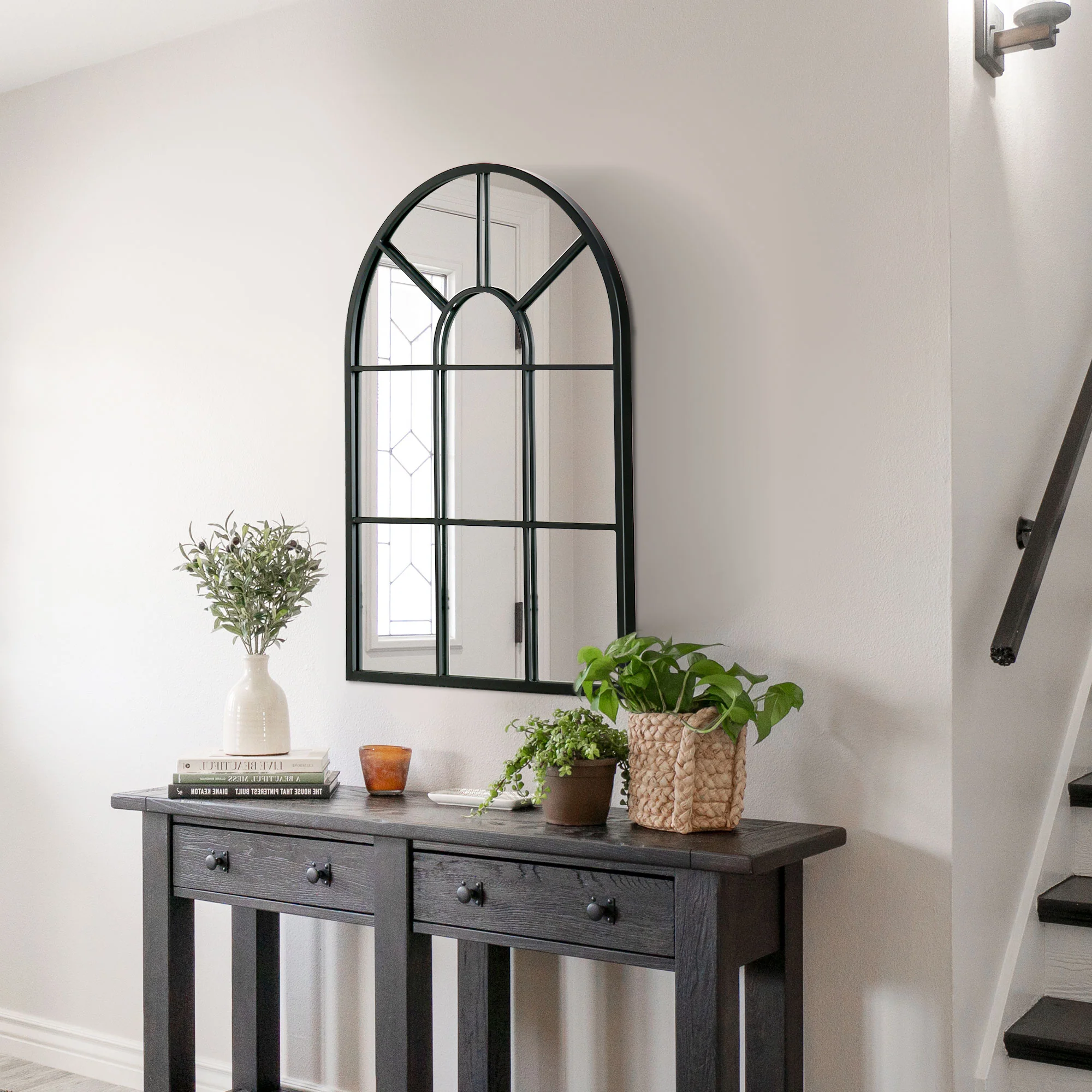 Miroir mural arqué 70 x 50 cm, miroir verrière arche style industriel, miroir de fenêtre arqué avec cadre métallique, pour salon, chambre, couloir, noir - Image 8