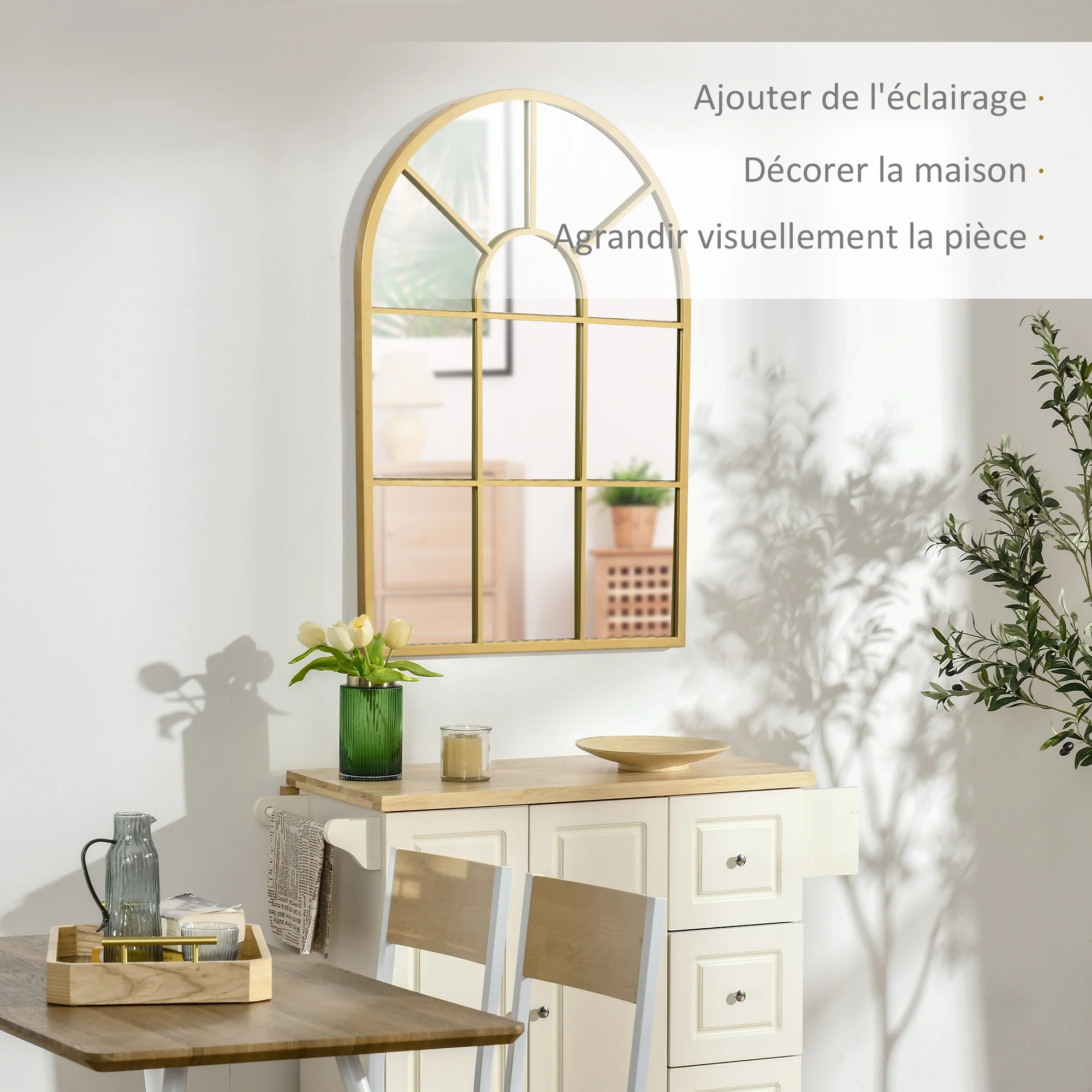 Miroir mural arqué 70 x 50 cm, miroir verrière arche style industriel, miroir de fenêtre arqué avec cadre métallique, pour salon, chambre, couloir, doré - Image 5